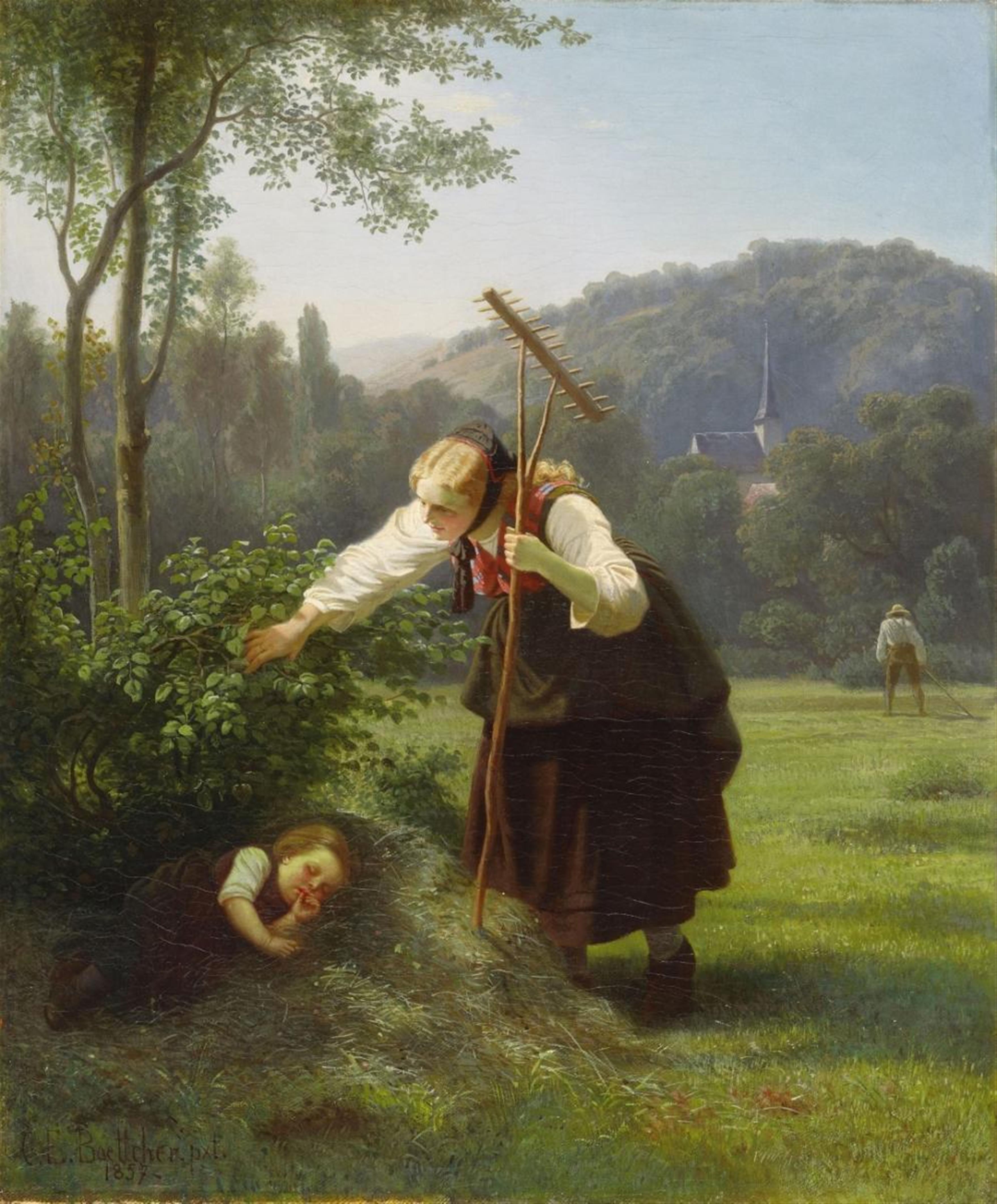 Christian Eduard Boettcher - YOUNG PEASANT WITH HER SLEEPING CHILD AT THE HAYHARVEST - image-1