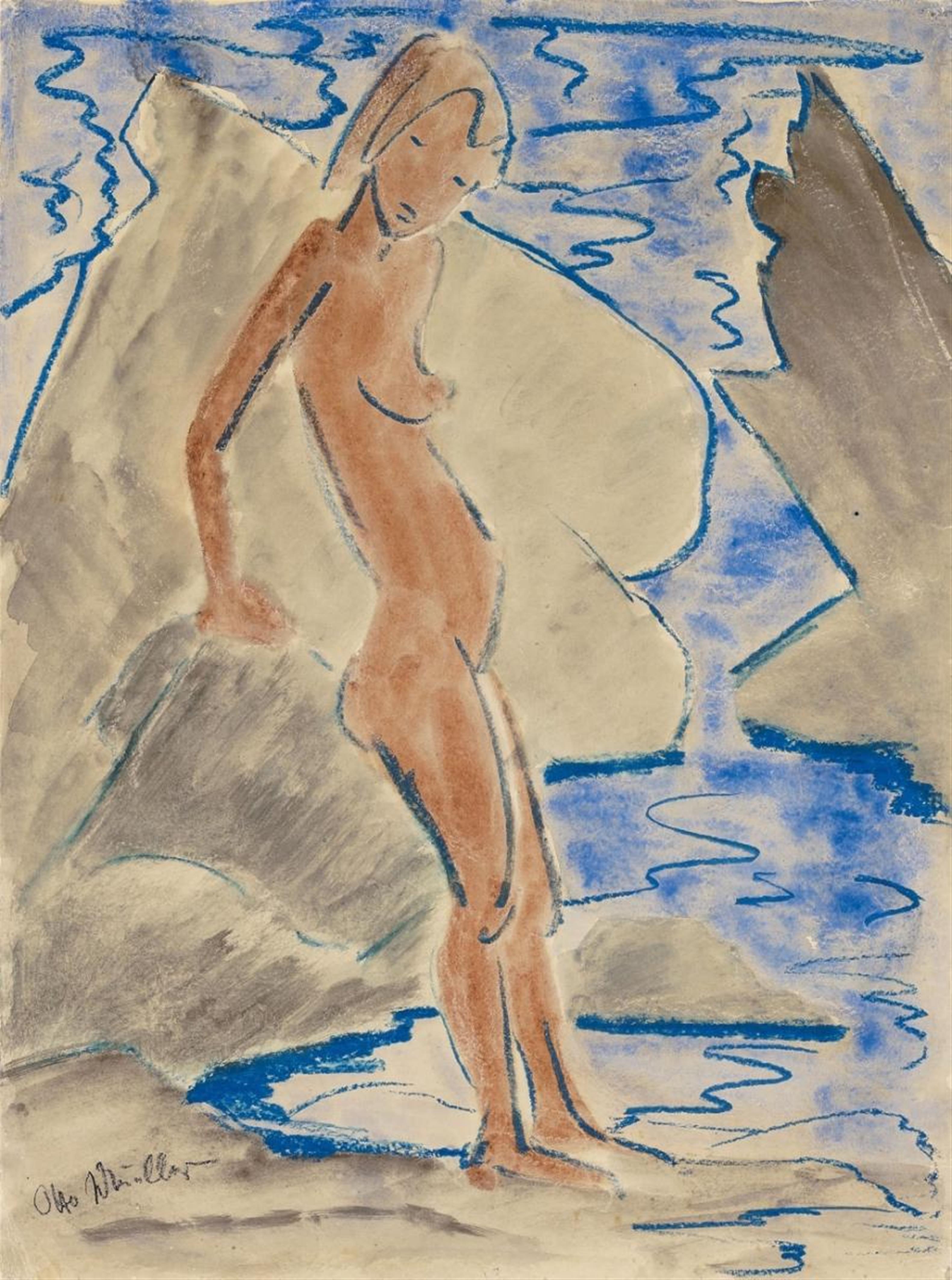 Otto Mueller - Stehendes Mädchen an steinigem Ufer (Girl Standing on Rocky Shore) - image-1