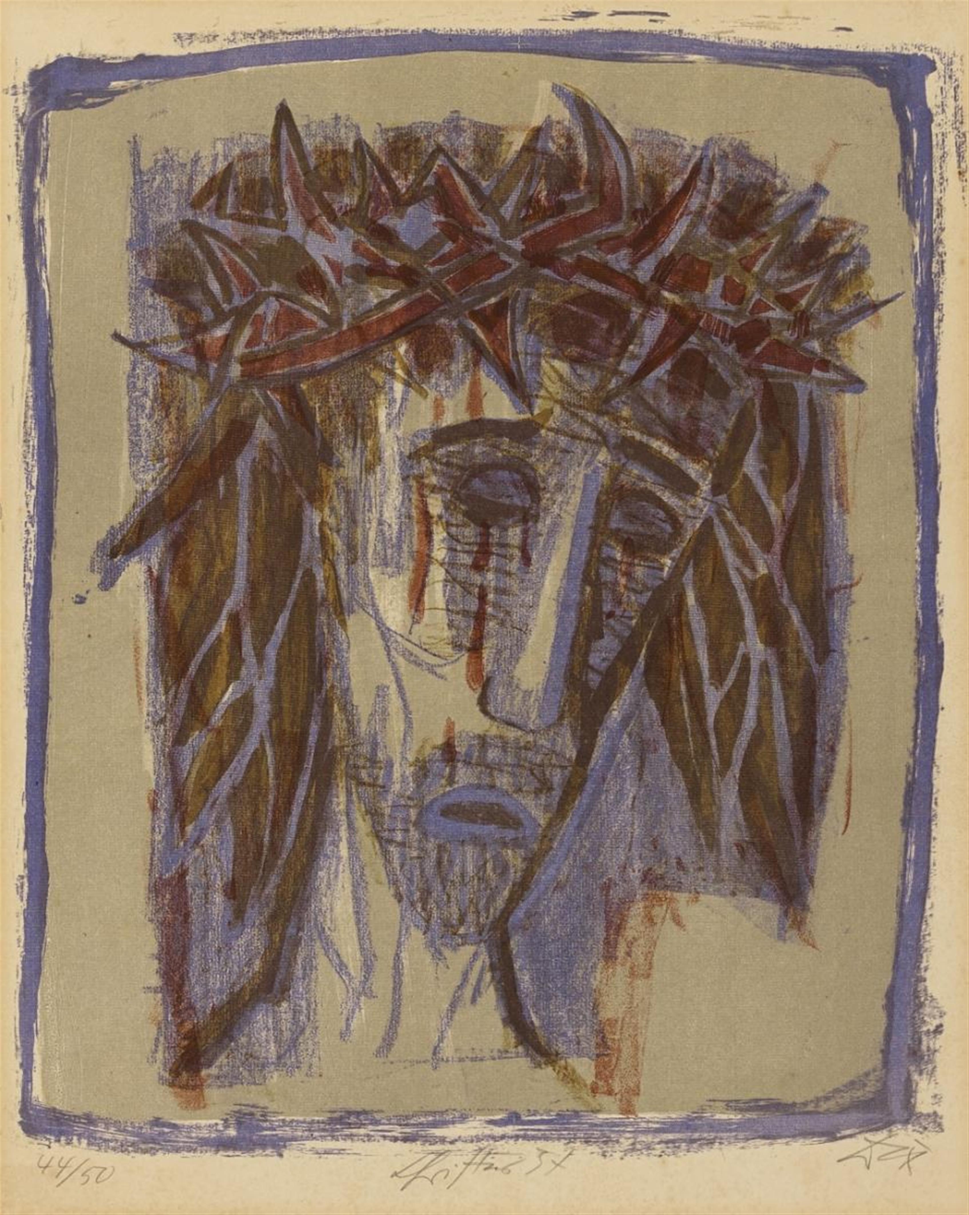Otto Dix - Christus (Kopf, nach rechts blickend, Haare schulterlang, dunkel auf hellem Grund) - image-1