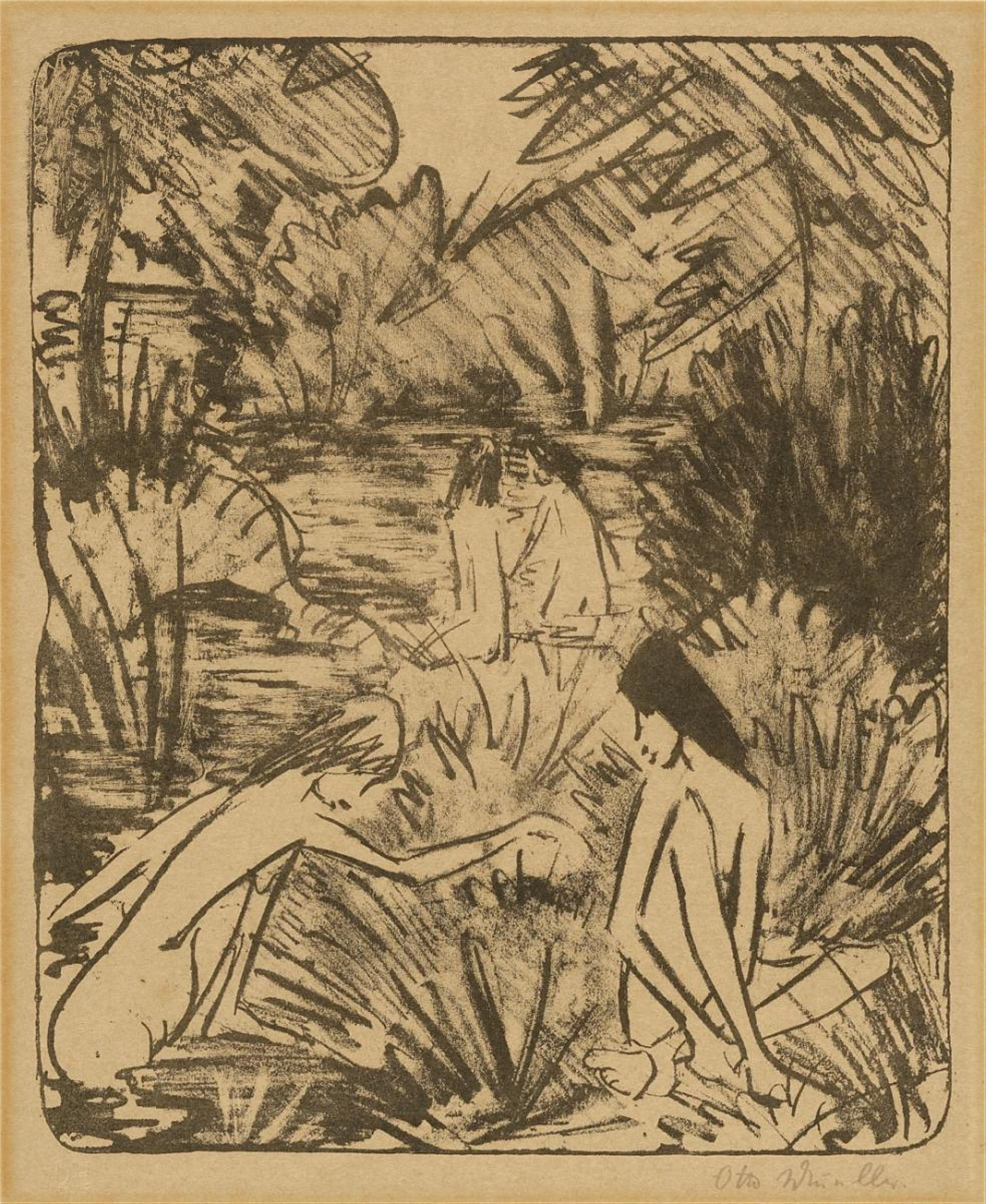 Otto Mueller - Waldsee mit drei badenden und einem sitzenden Mädchen 2 (Forest Lake with three bathing and one sitting Girl 2) - image-1