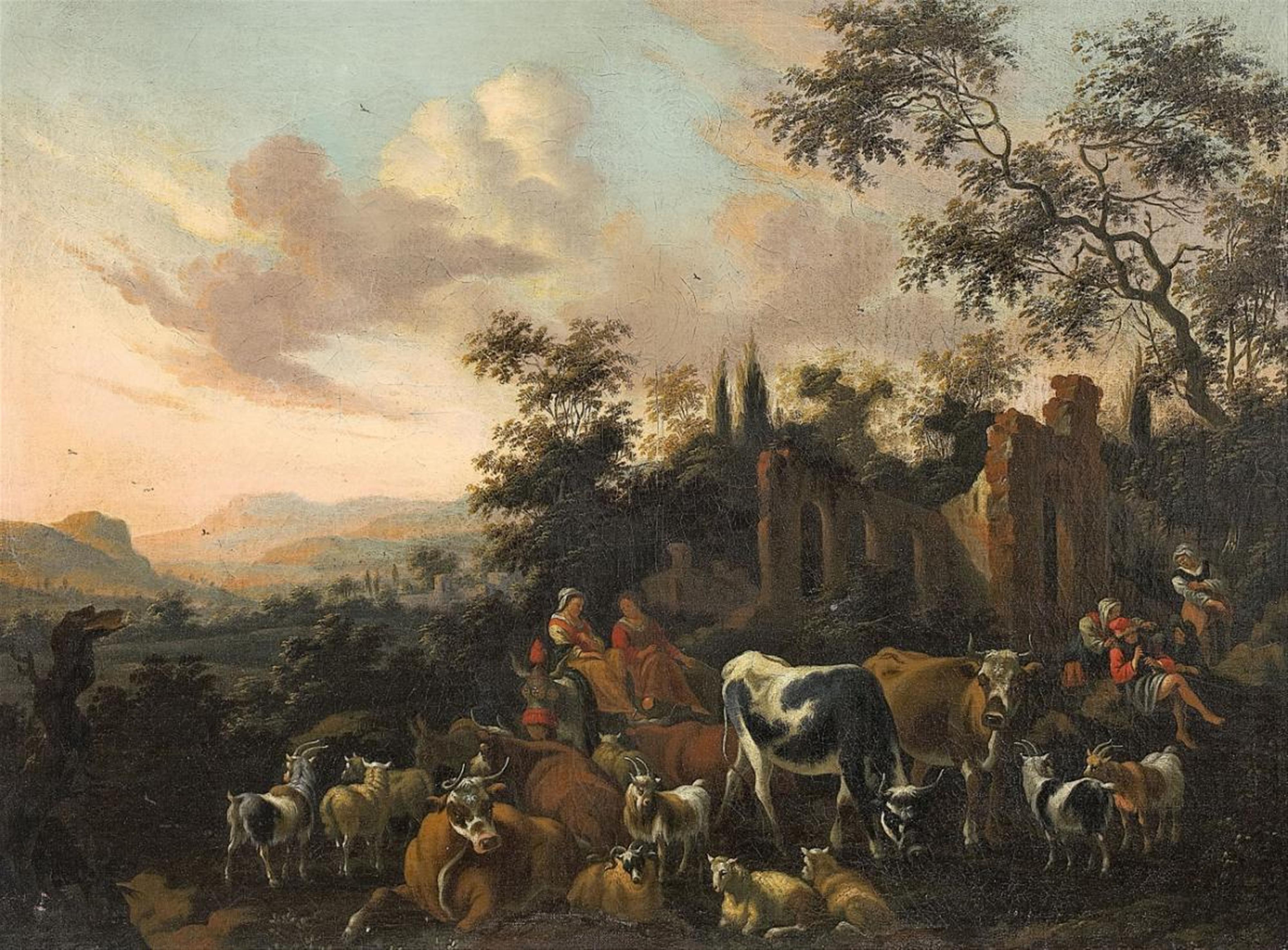 Netherlandish School, 17th century - LANDSCAPE WITH ANTIQUE RUINS, SHEPHERDS AND SHEEPFLOCK - image-1