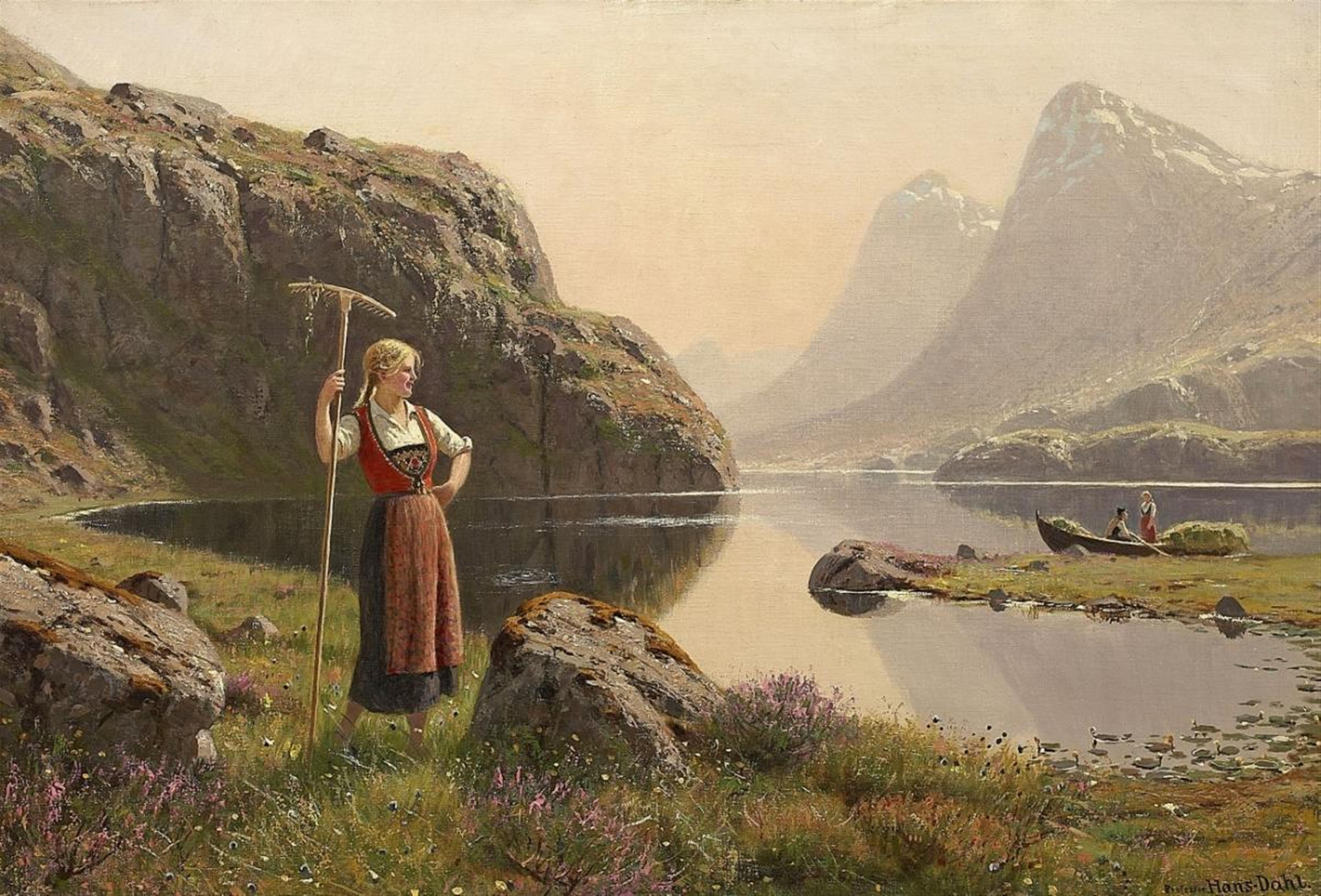 Hans Dahl - HEYHARVEST AT THE SHORE OF A NORWEGIAN MOUNTAIN LAKE - image-1