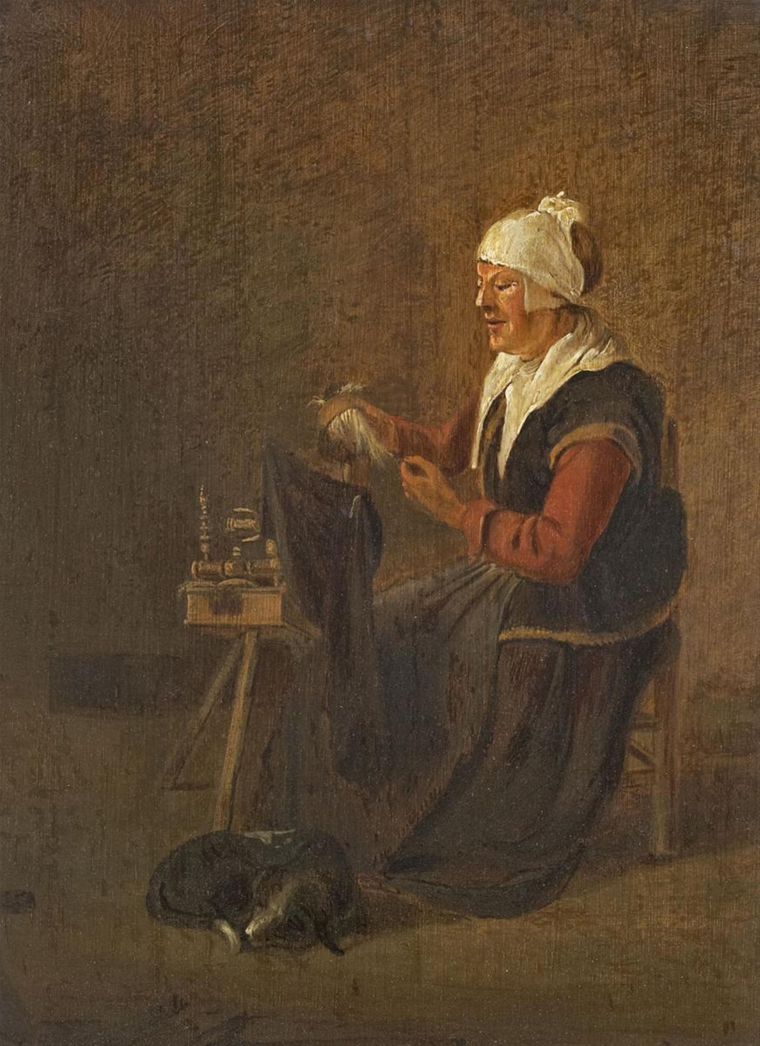 Quiringh van Brekelenkam, attributed to - OLD WOMAN AT THE SPINNING WHEEL - image-1