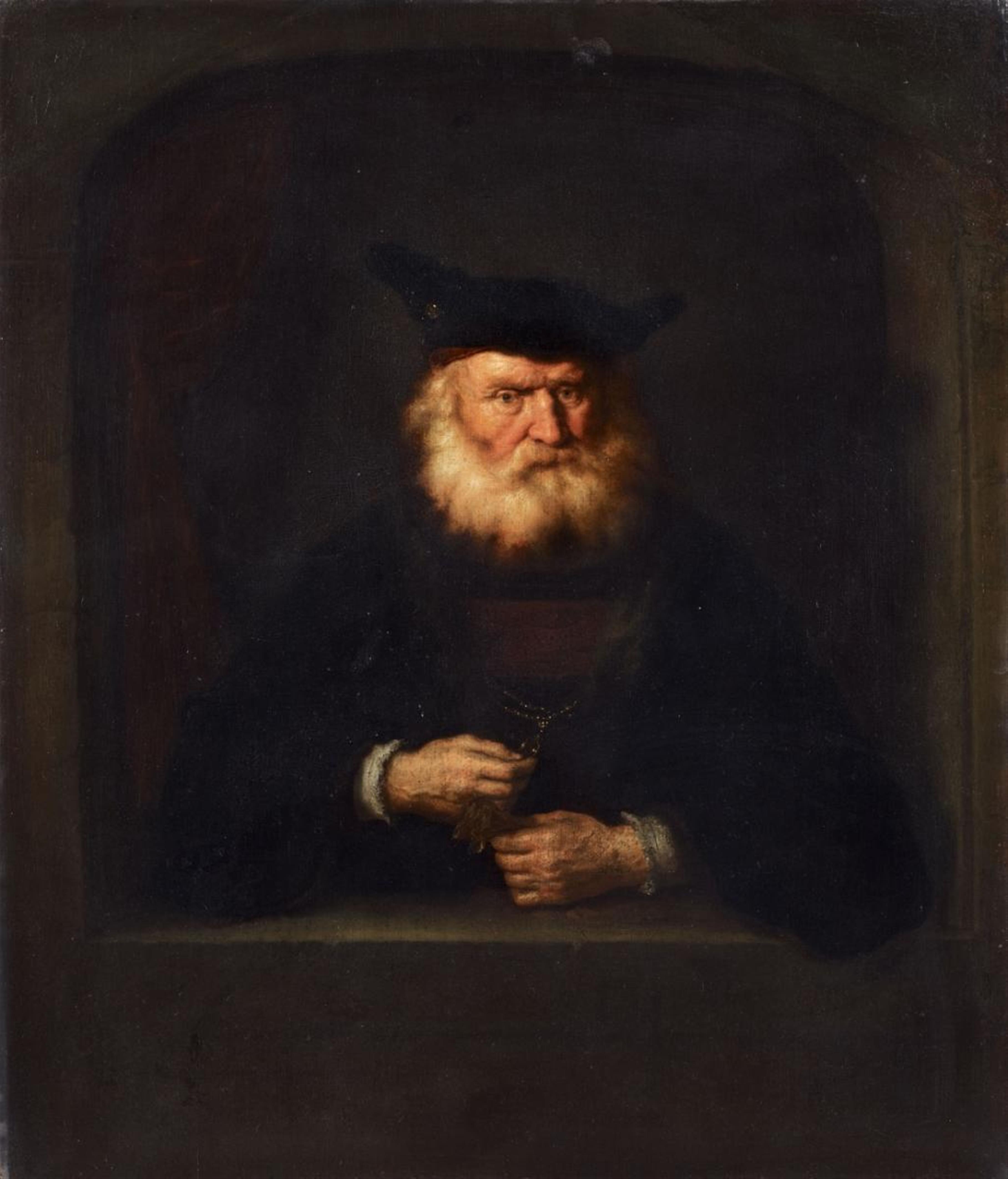 Salomon Koninck - BEARDED MAN WITH BARETT PRESENTING A MEDAL - image-1