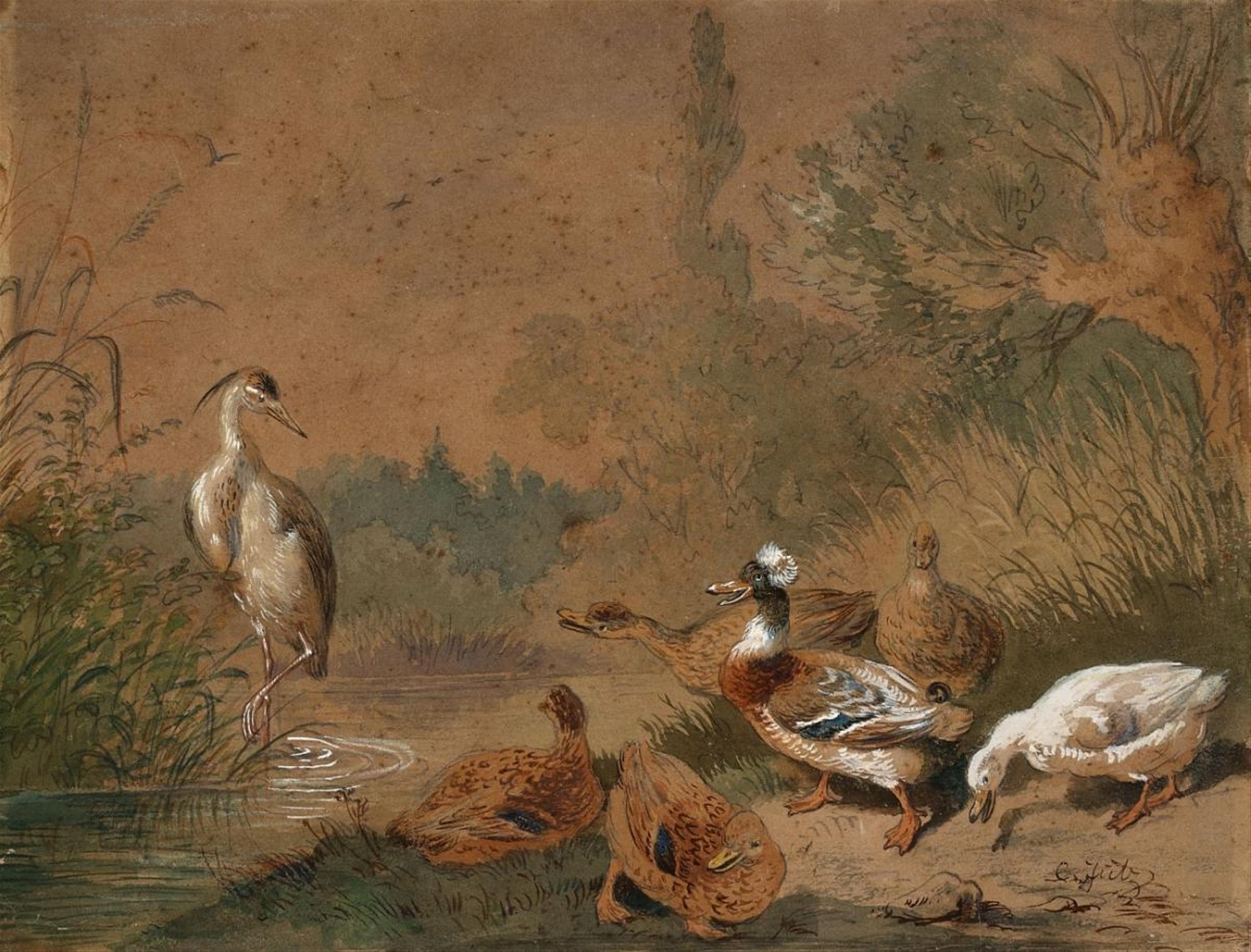 Carl Jutz the Elder - DUCKS AND A BIRD IN A PONT - image-1