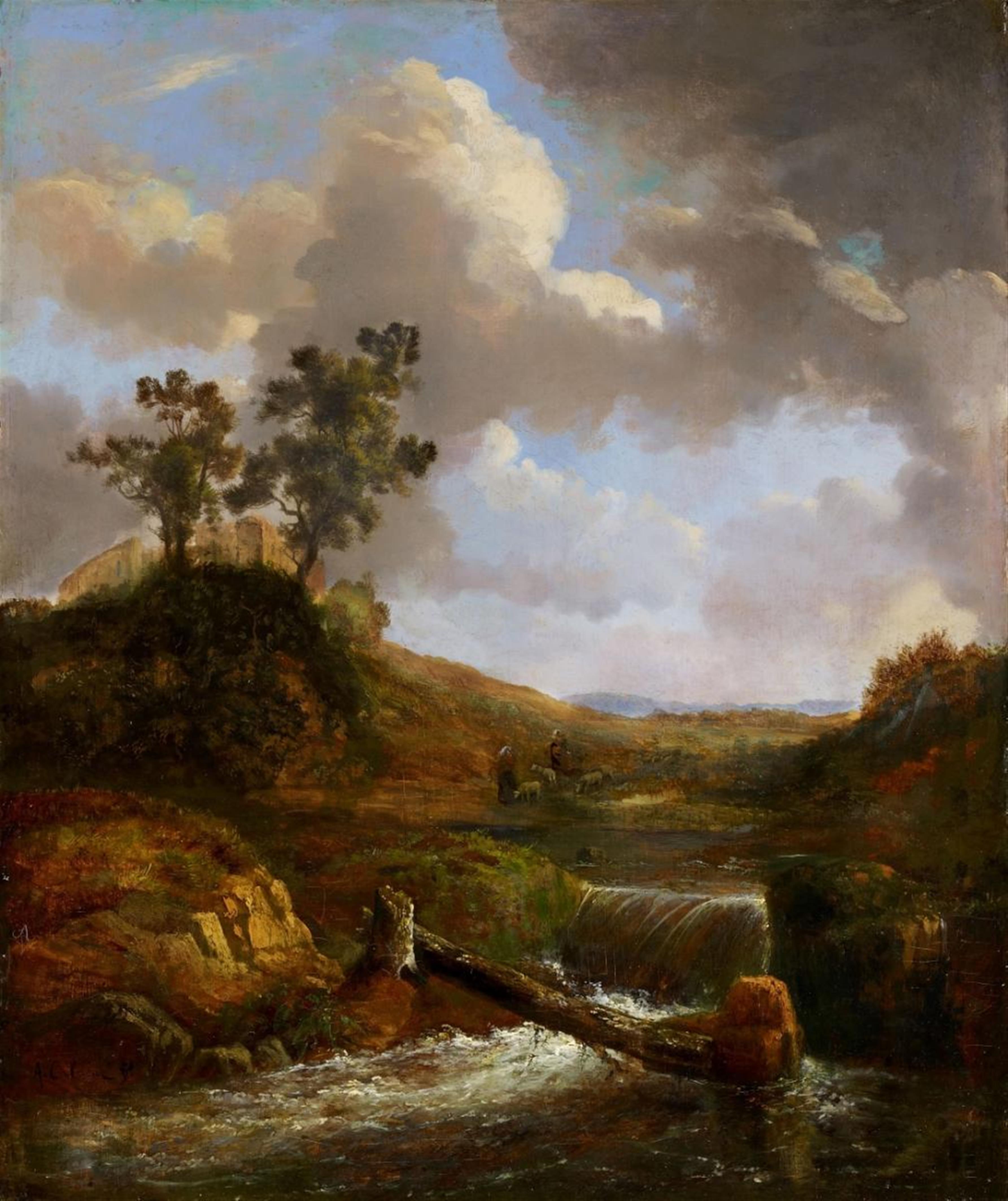 Alexandre Calame - HILLY LANDSCAPE WITH CASTLE, STREAM AND SHEPPHERDS - image-1