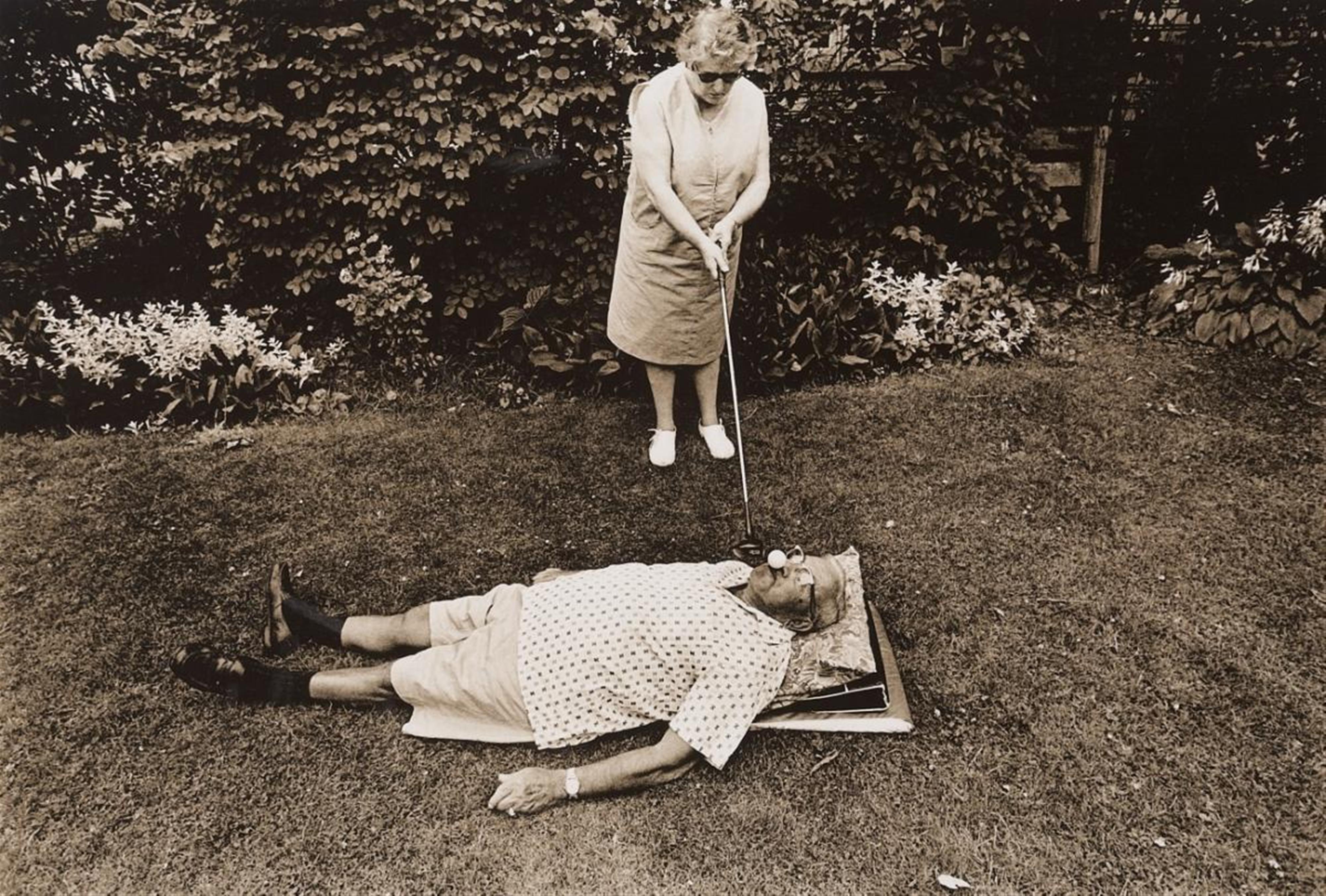 Les Krims (Leslie Robert Krims) - Mrs. Braverman, an early feminist, teeing golf balls in her husband’s mouth, Rochester, New York - image-1