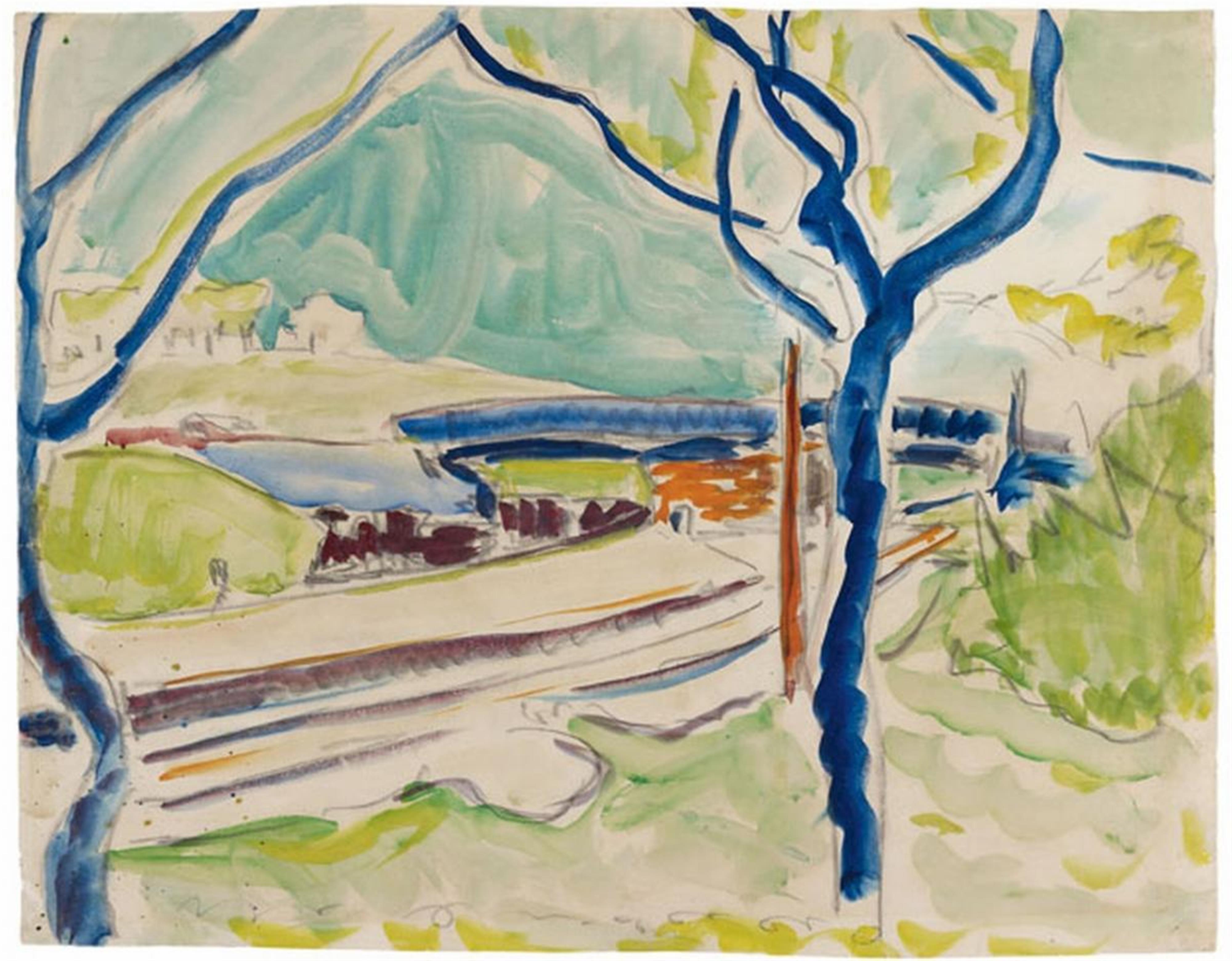 Ernst Ludwig Kirchner - Landschaft mit See im Hintergrund. Rückseitig: Badende (Landscape with Lake in Background. Verso: Bathing Woman) - image-1