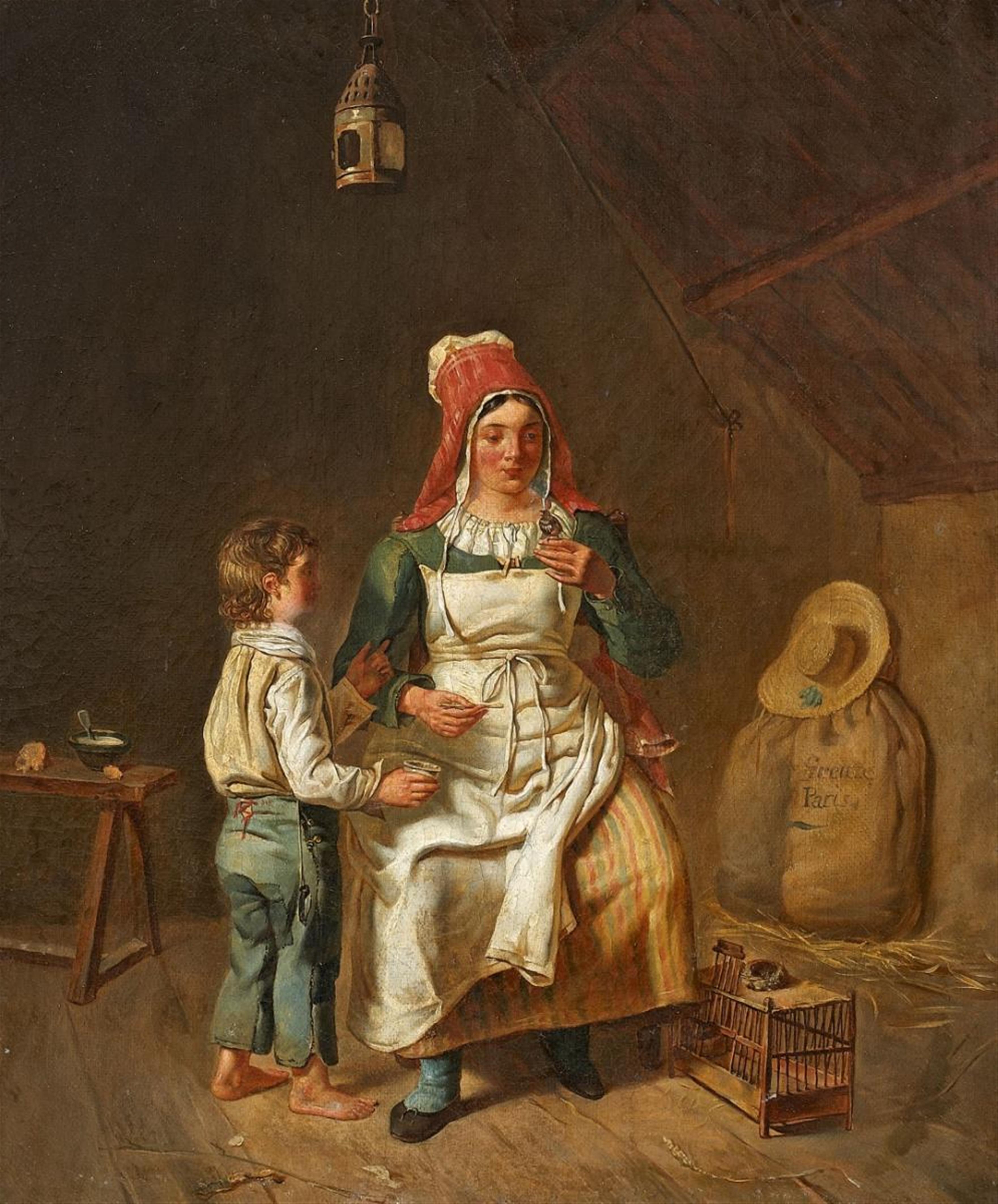 Anne Geneviève Greuze - MOTHER AND SON FEEDING A CHICK - image-1
