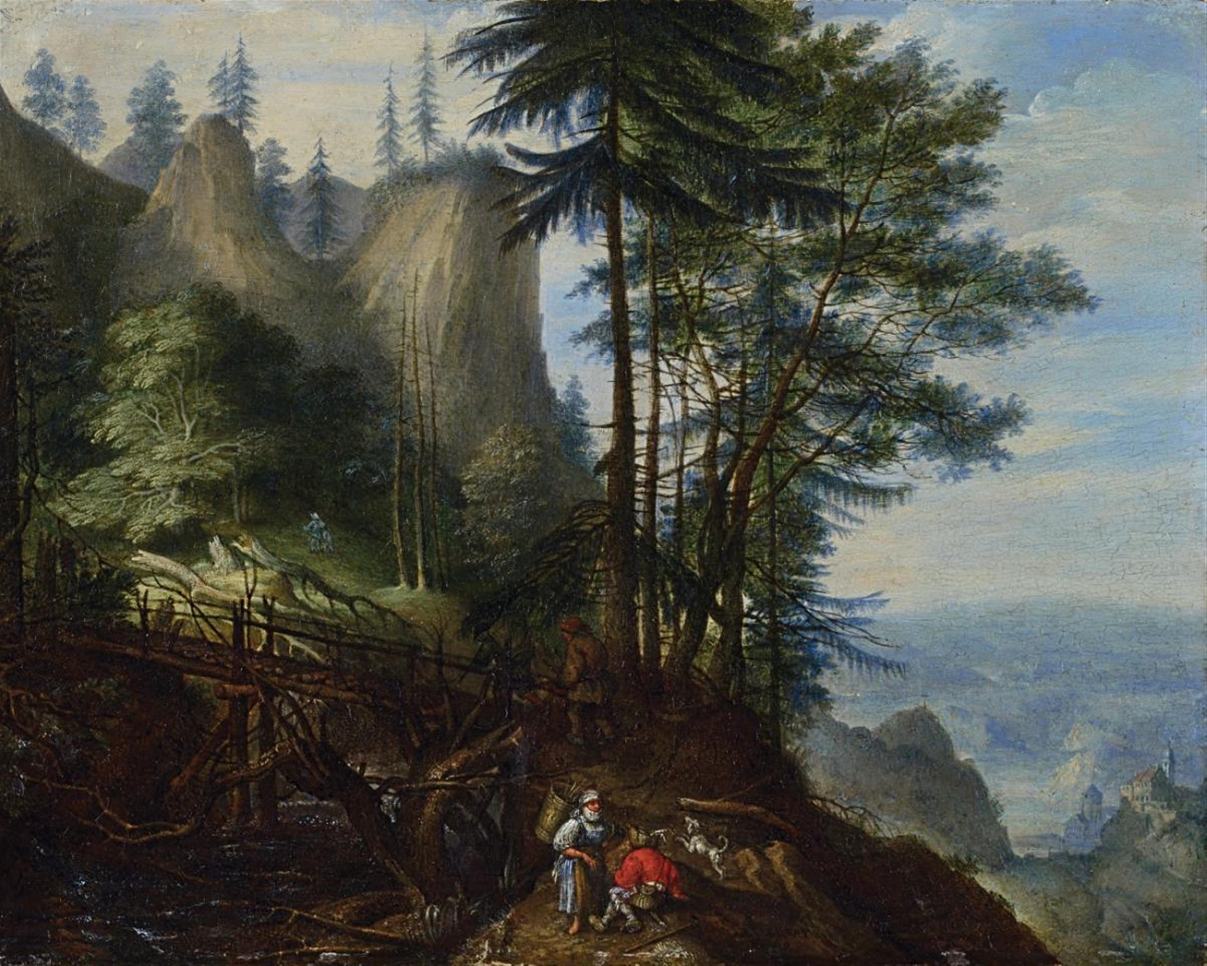 Roelant Savery - BOHEMIAN MOUNTAINSCAPE WITH A BRIDGE, TORRENT AND RESTING PEASANTS - image-1