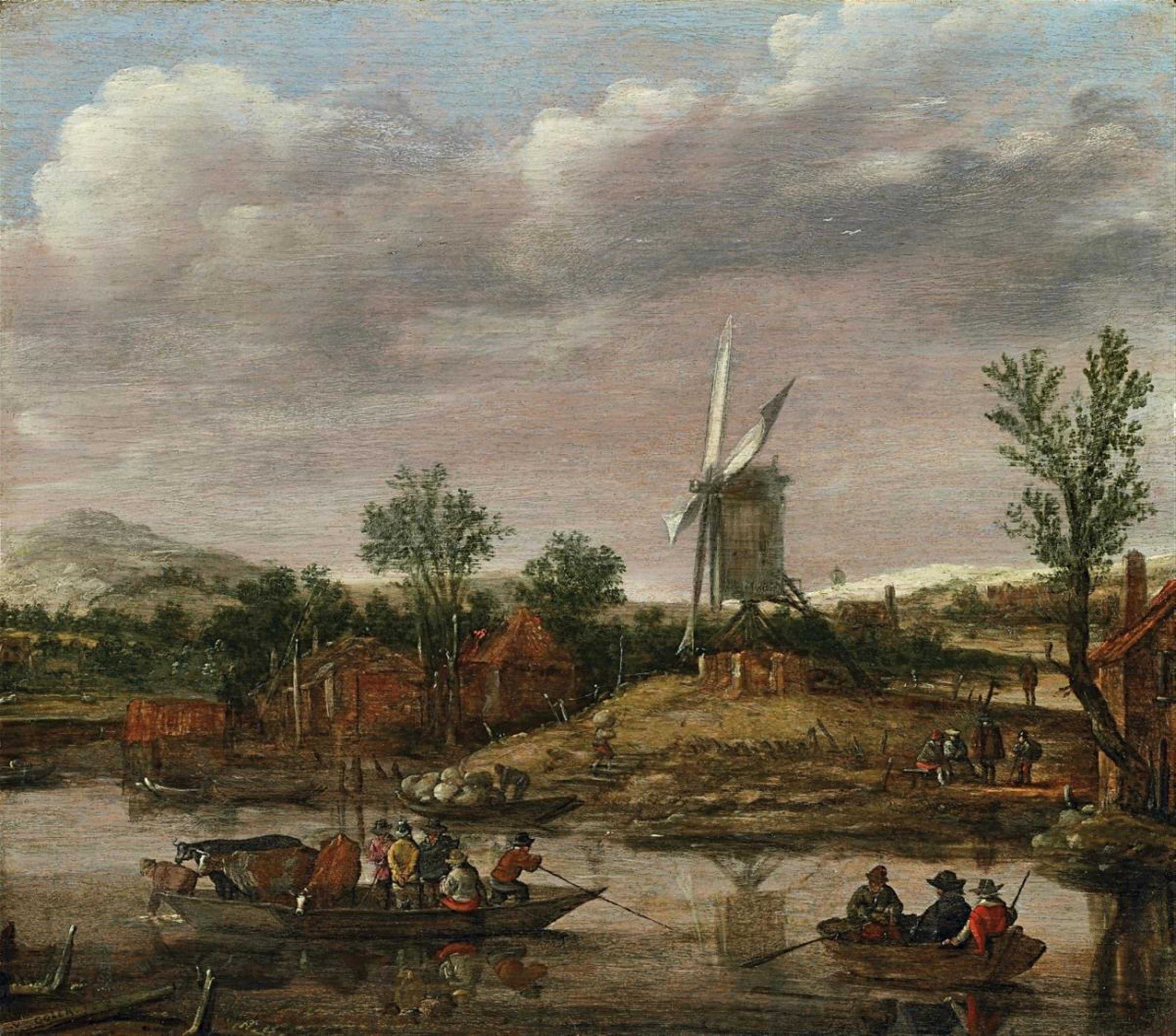 Jan van Goyen - RIVER LANDSCAPE WITH FERRYBOAT AND WINDMILL - image-1