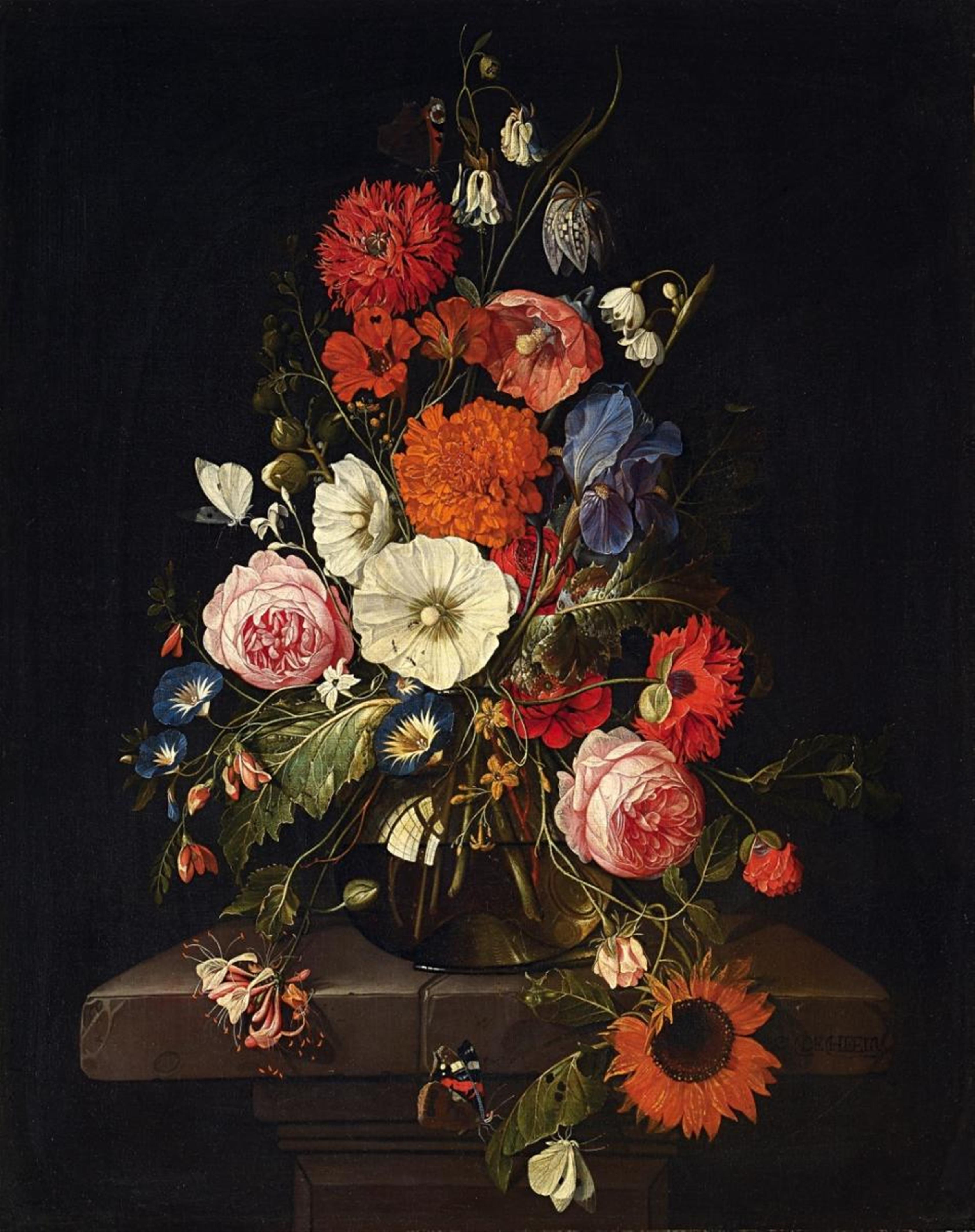 David III de Heem - STILL LIFFE OF FLOWERS IN A GLASS VASE - image-1