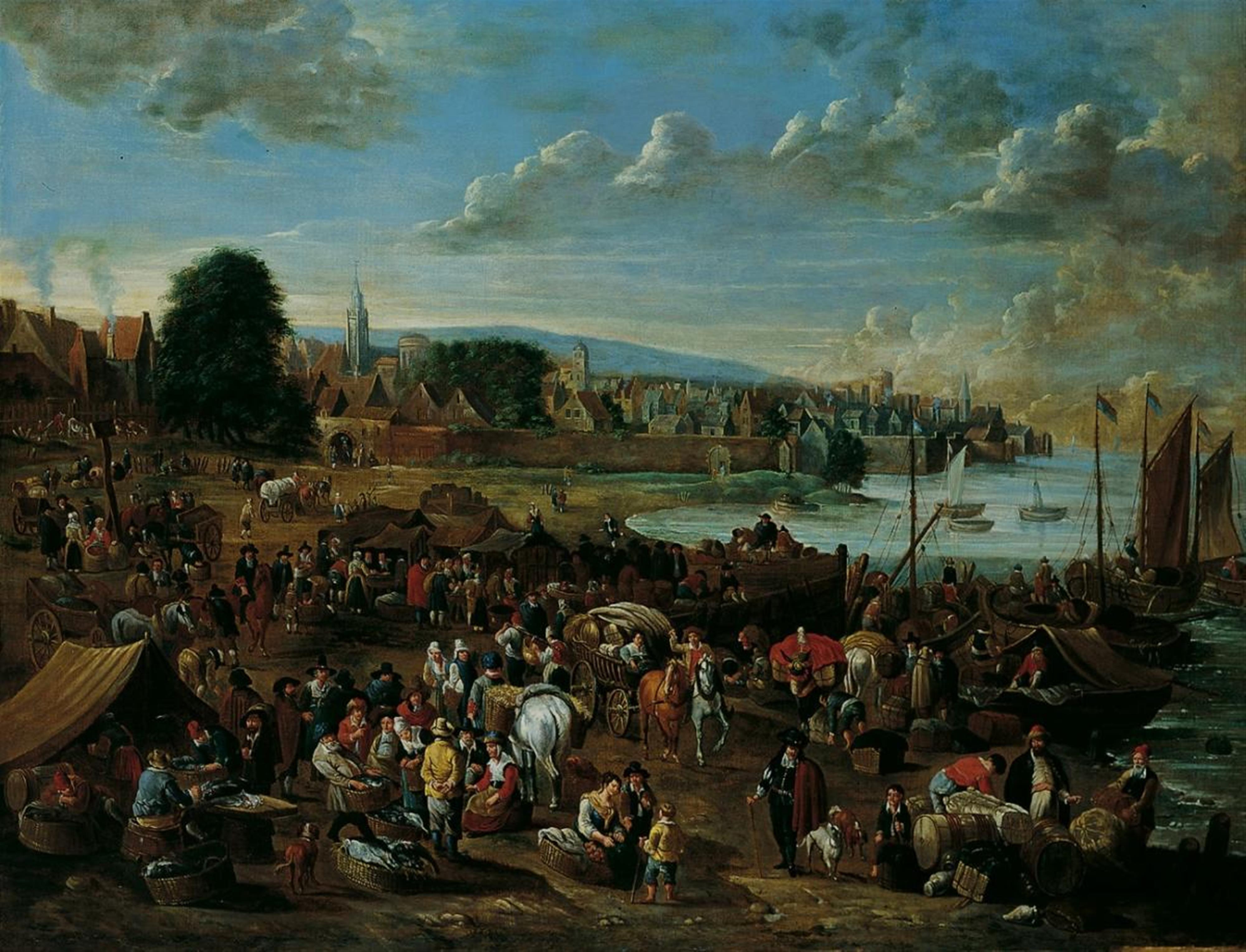 Alexander van Bredael - HARBOUR SCENE WITH VIEW OF A TOWN - image-1