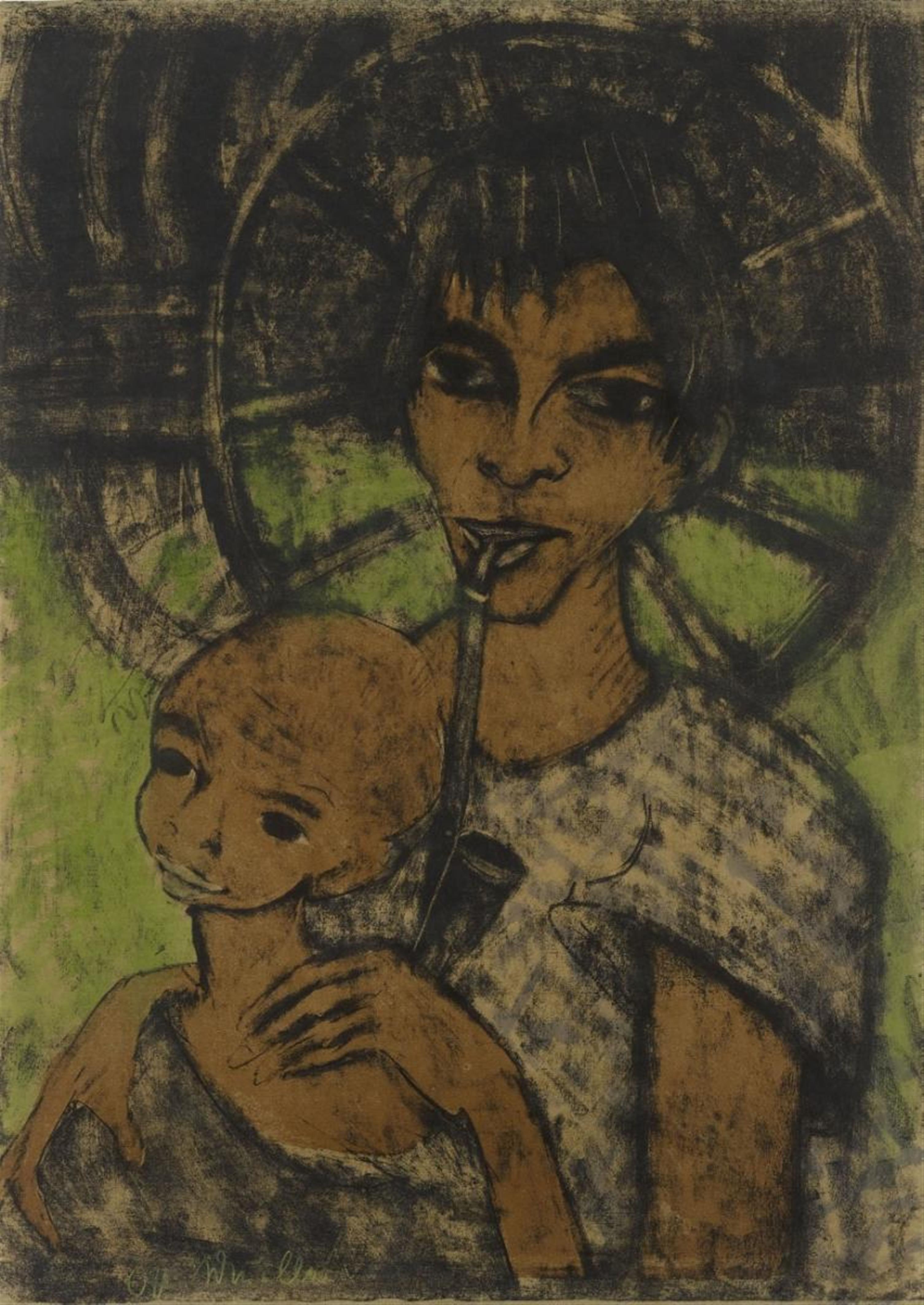Otto Mueller - Zigeunermadonna: Zigeunerin mit Kind vorm Wagenrad (Gipsy Madonna: Gipsy Woman with Child in front of Cart Wheel) - image-1