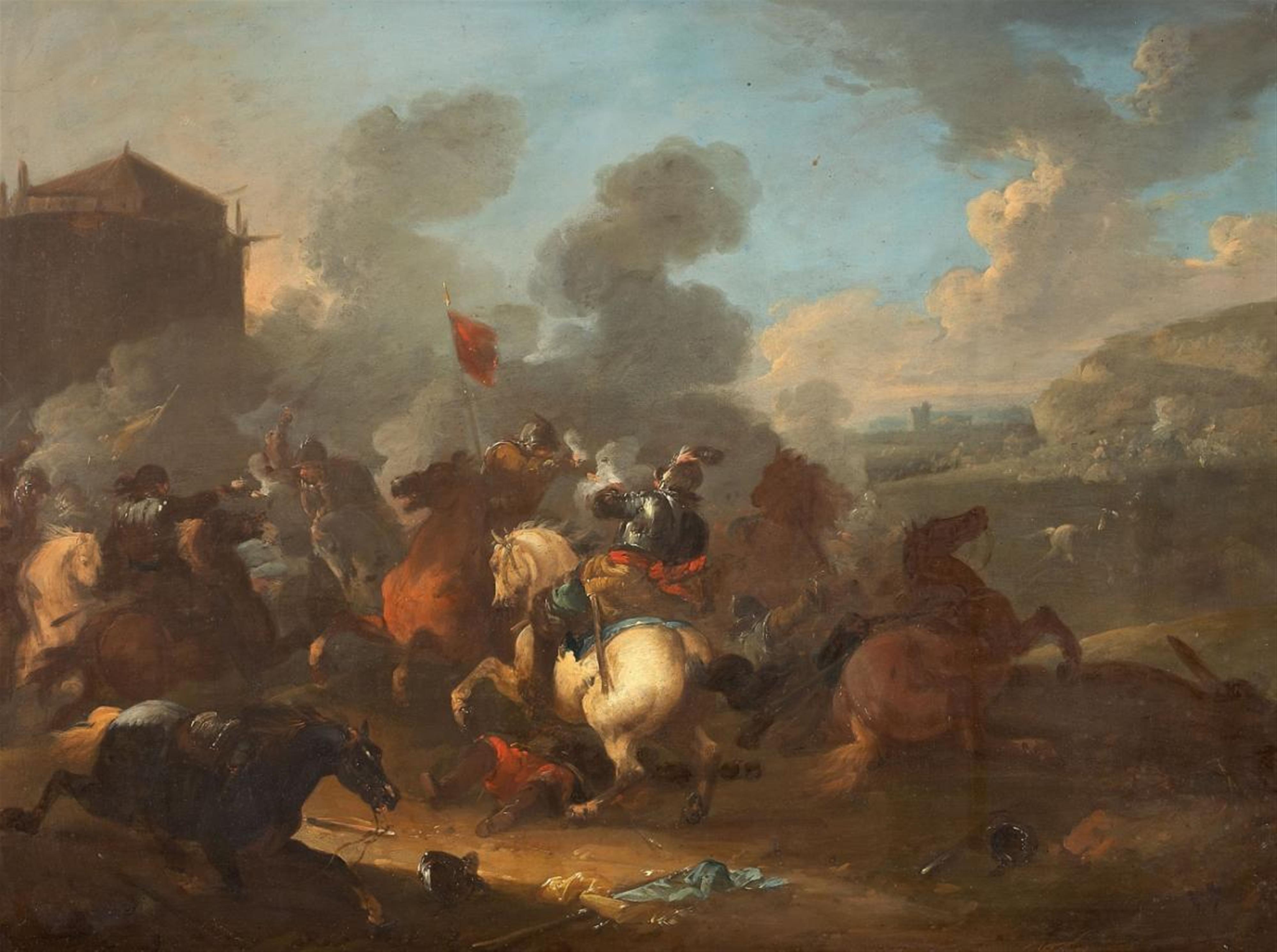 Jacques Courtois, called Le Bourguignon, attributed to - LANDSCAPE WITH CAVALRY BATTLE