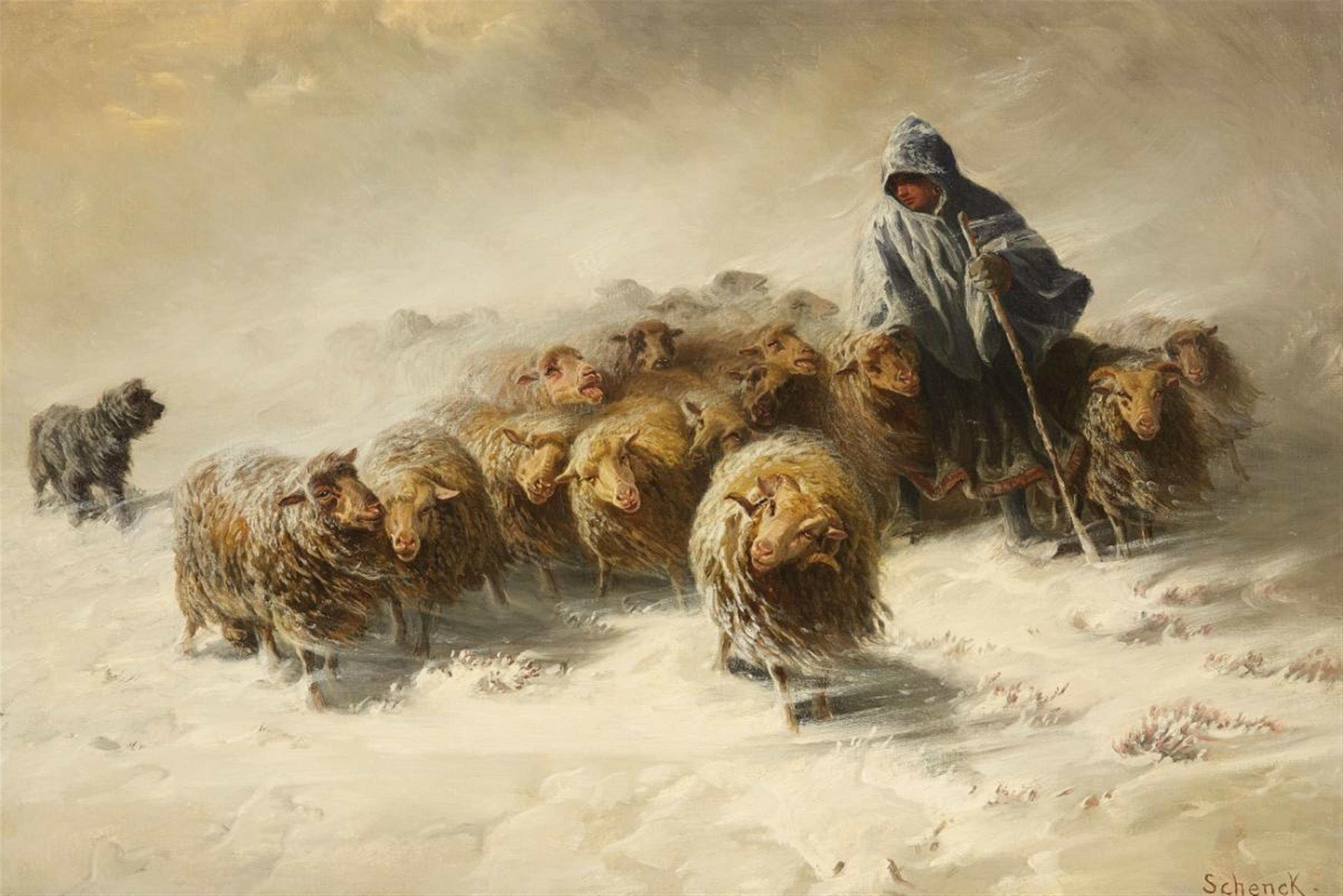 AUGUST SCHENCK - FLOCK OF SHEEP IN THE SNOW