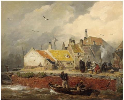 Andreas Achenbach - A DUTCH COASTAL SCENE WITH FISHER'S COTTAGES