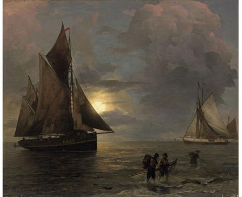 Andreas Achenbach - A Coastal Landscape with Sailing Ships by Moonlight