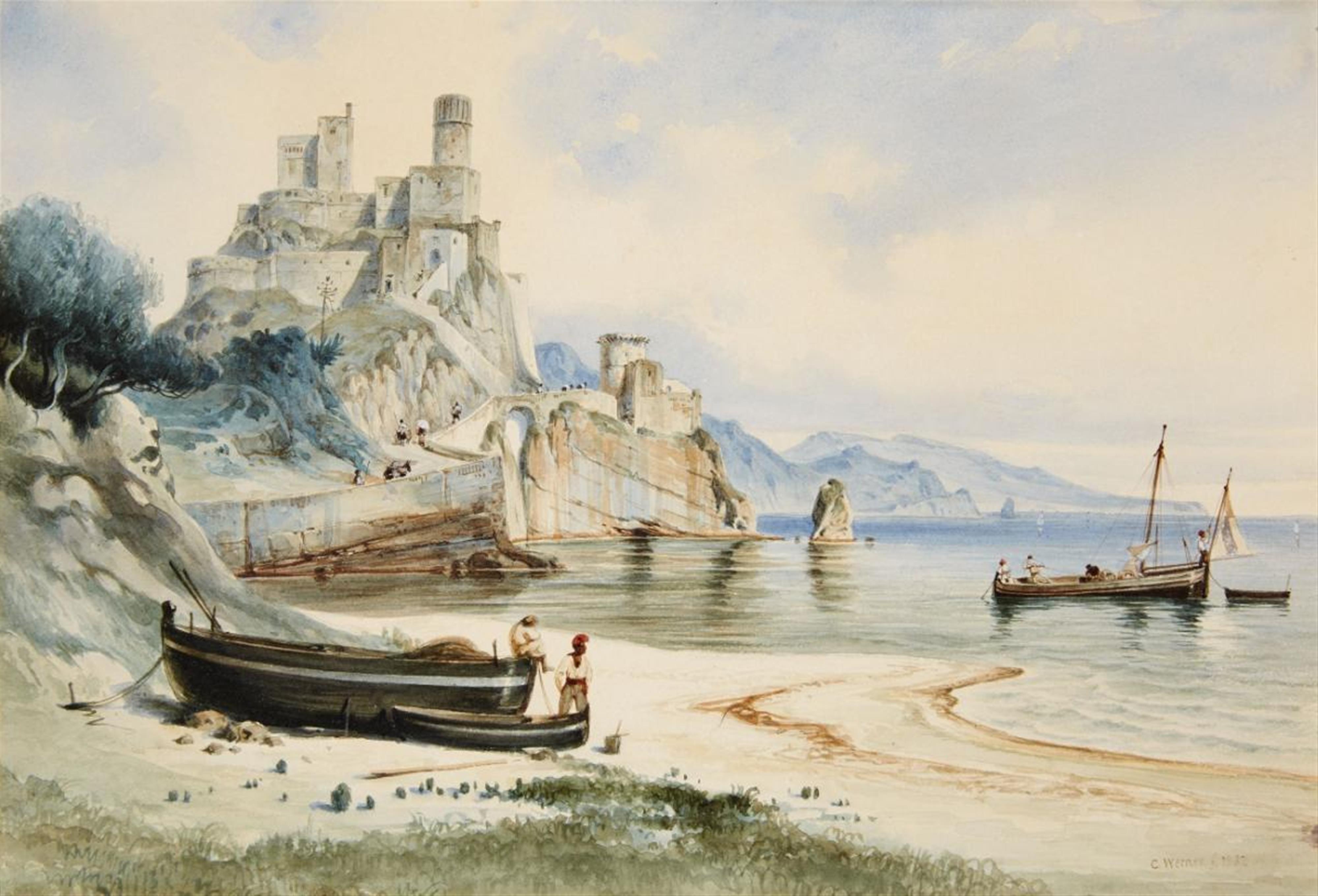 Carl Werner - Sizilianische Küstenlandschaft mit Blick auf das Schloss Ruffo in La Scaletta - image-1