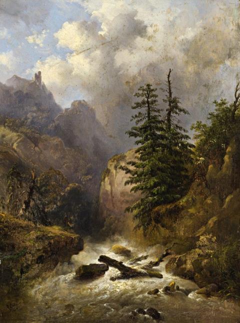 Alexandre Calame - A Moutainous Landscape with a Stream and Pine