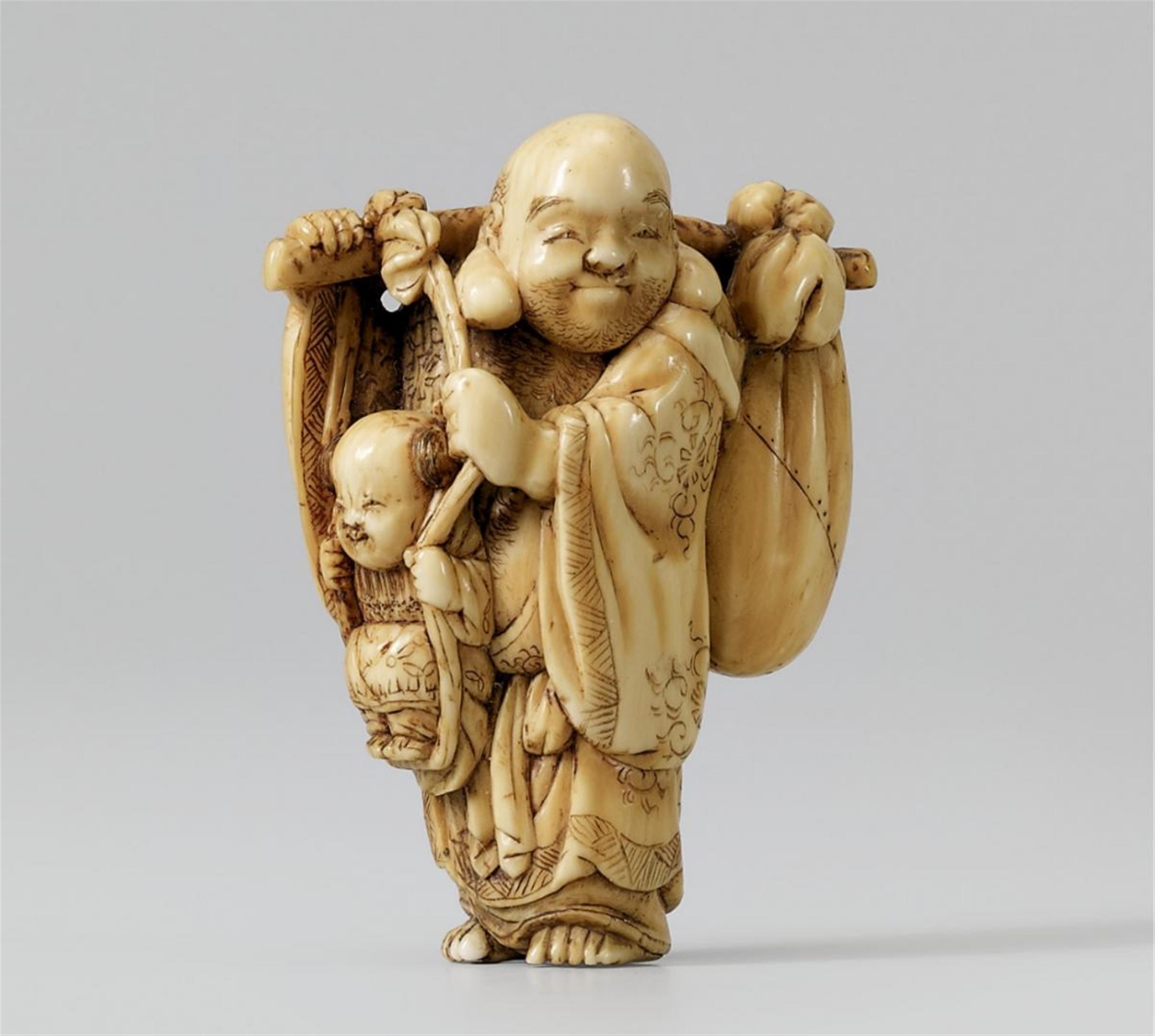 An ivory netsuke of Hotei with a karako, by Tomochika. Mid 19th century ...