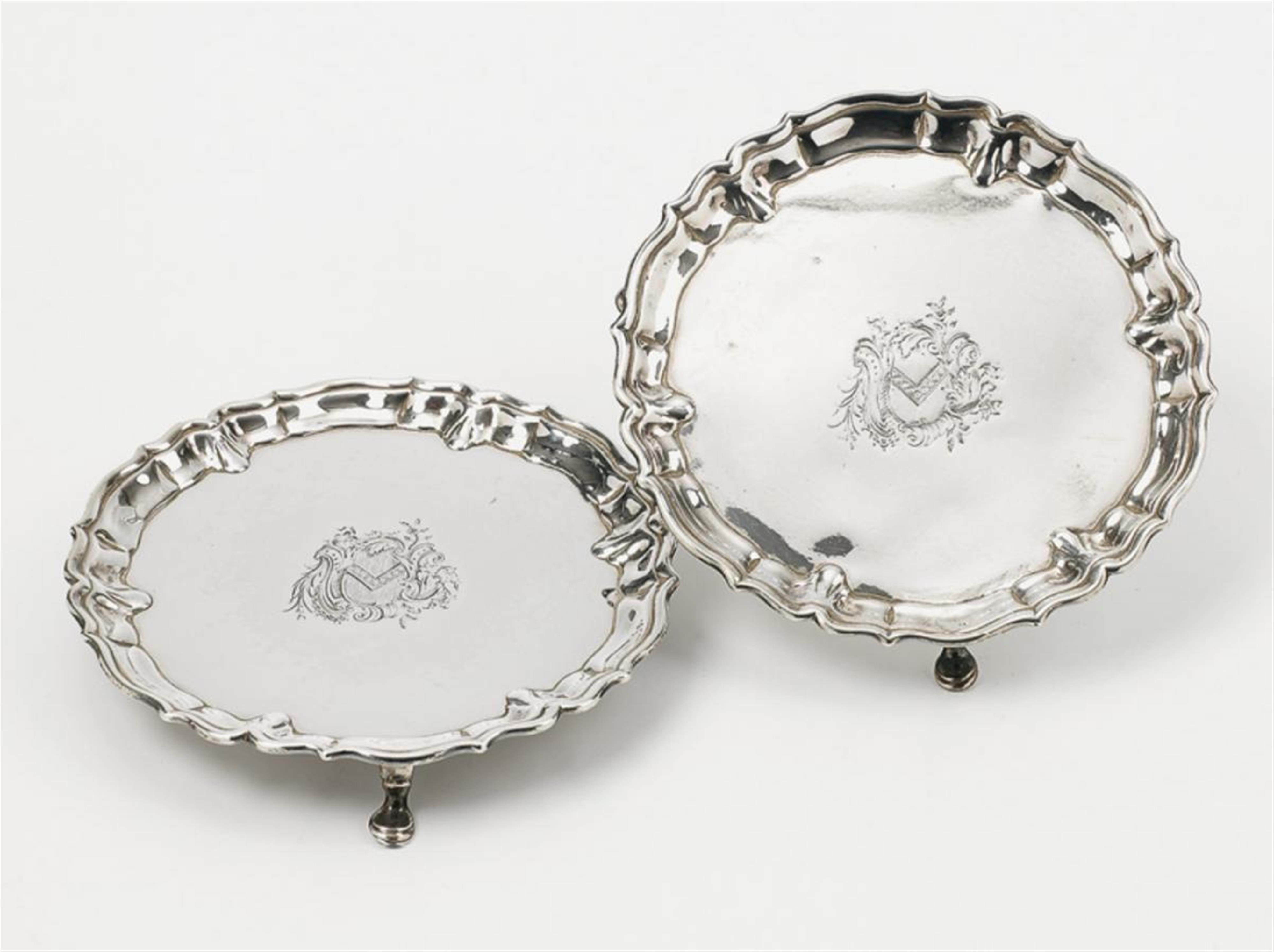 A pair of George II silver salvers. Engraved with a coat-of-arms. Marks of John Tuite, London 1737. - image-1