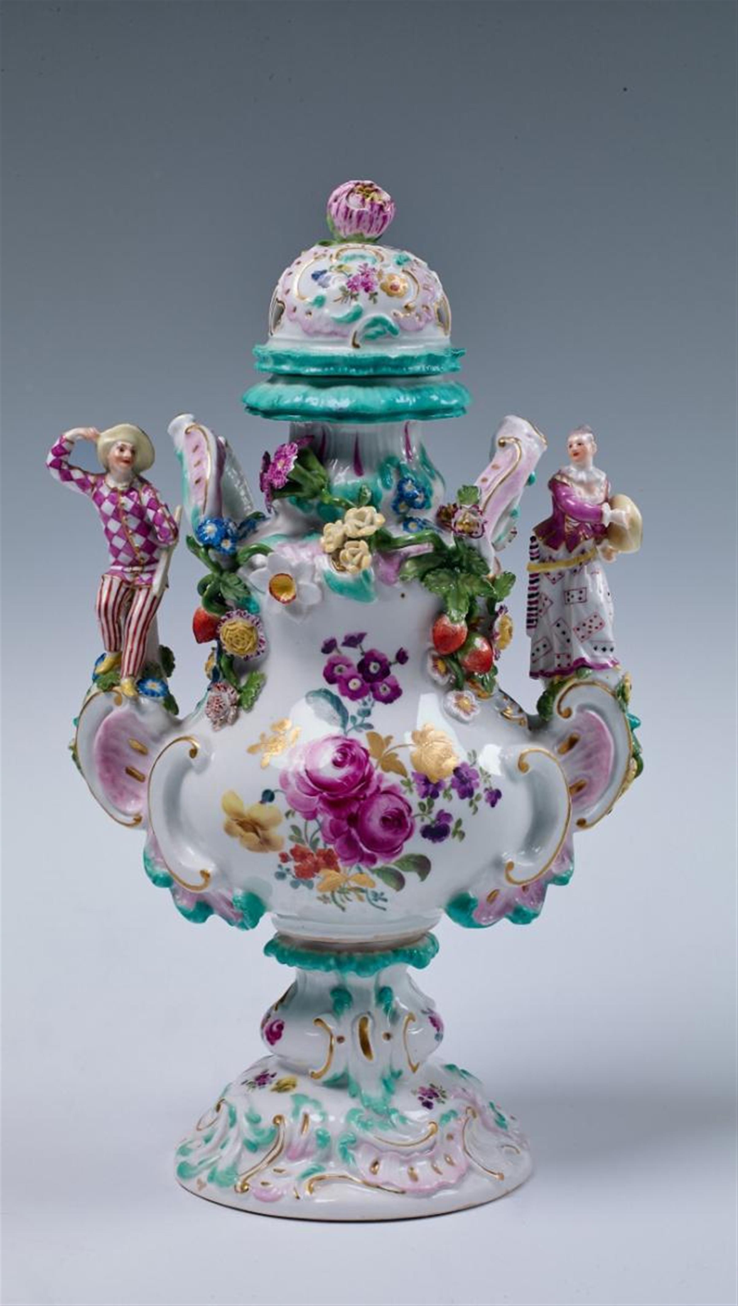 A Meissen potpourri vase and cover with figures of Harlequin and Columbine. - image-1