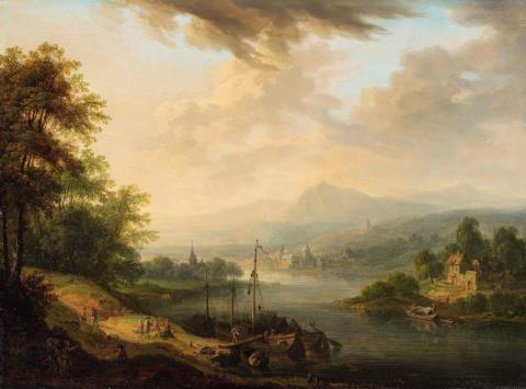 Christian Georg Schütz the Younger - Dawn: Rhenish Landscape with Travellers and a Ferry Dusk: Rhenish Landscape with Castle and Ferry