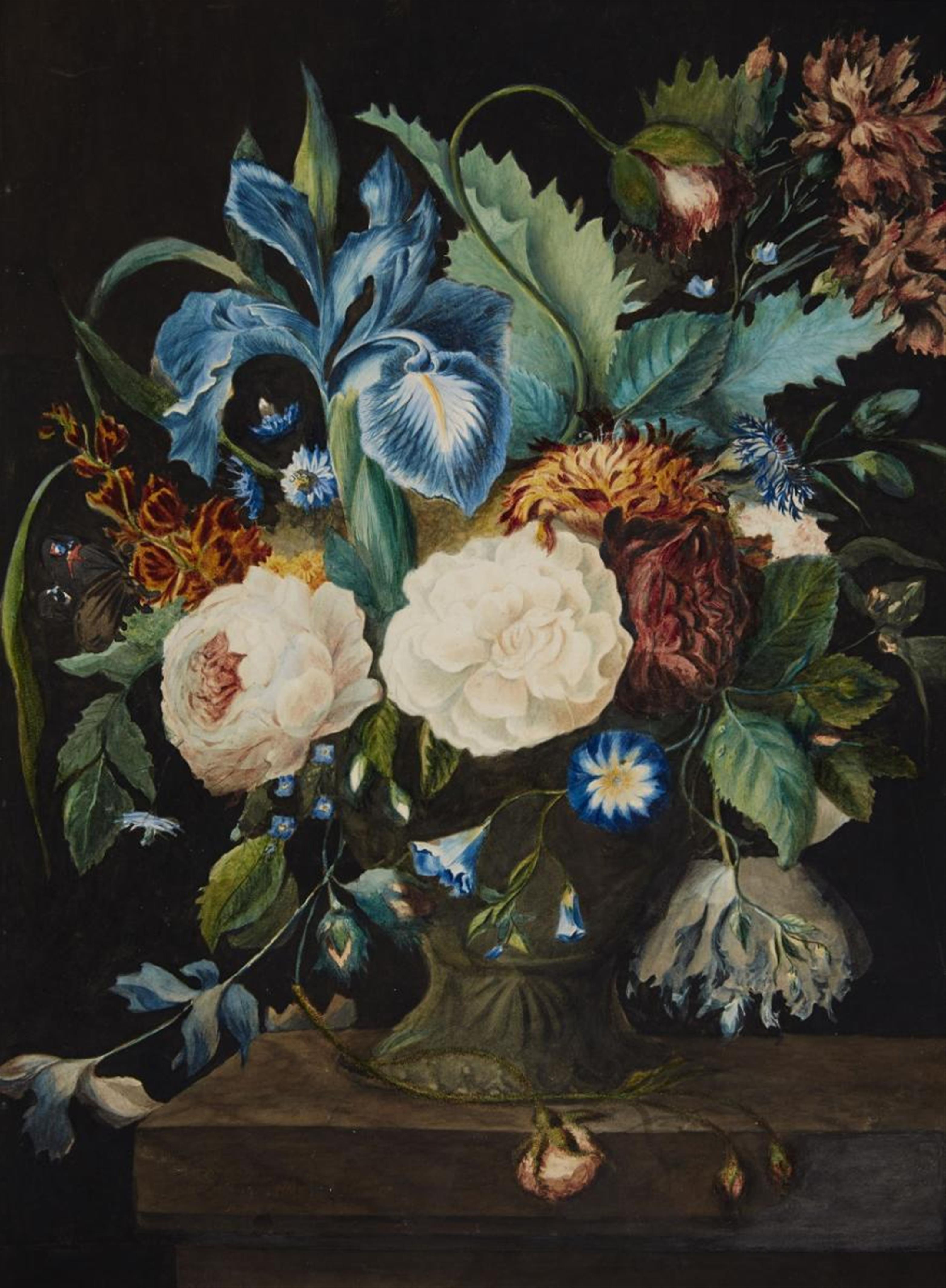 Jan van Huysum - Blumenstillleben mit blauer Iris, Pfingstrosen, Nelken und Winde - image-1