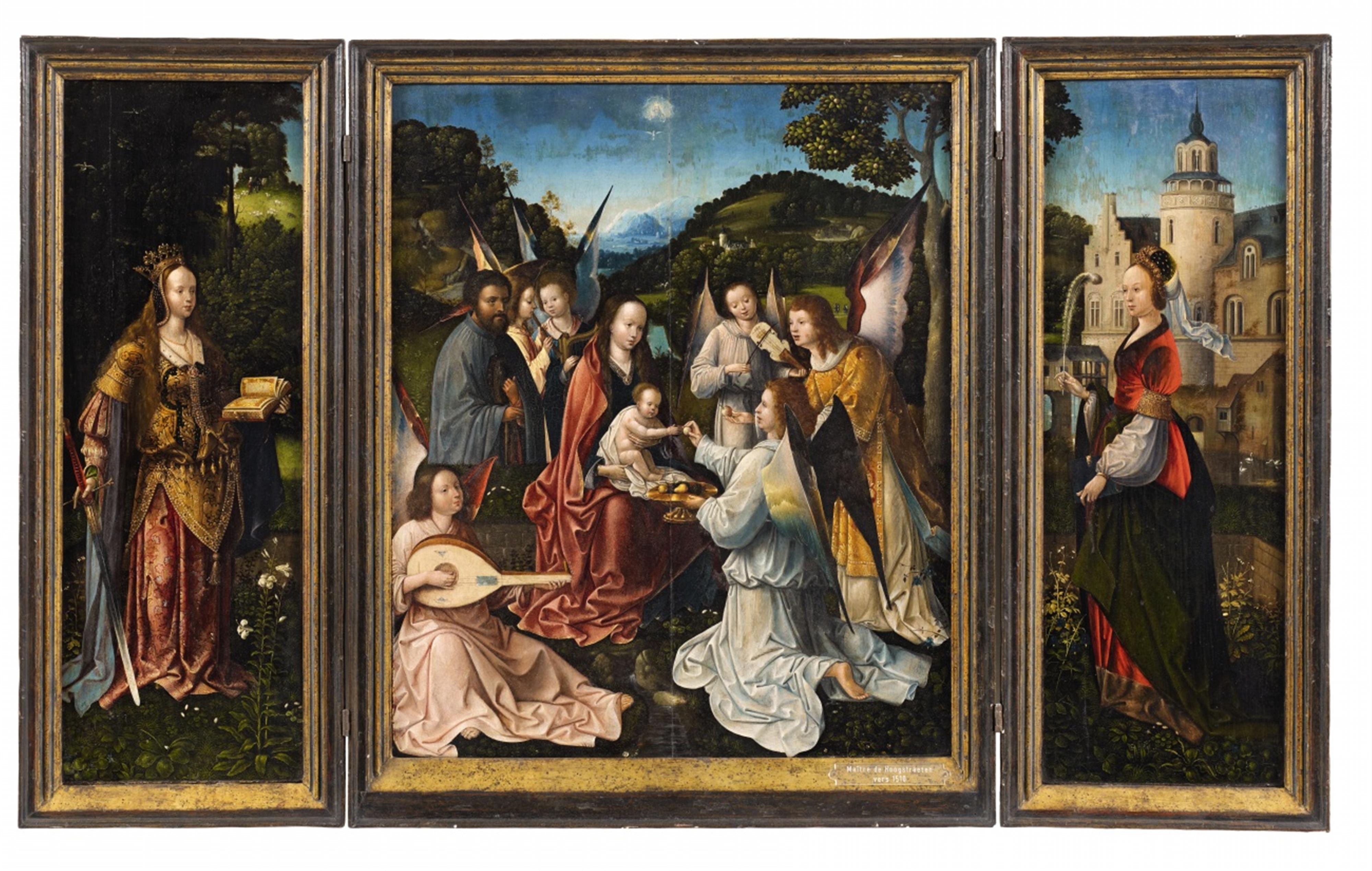 Meister von Hoogstraeten - Heilige Familie mit Engeln und die Heiligen Katharina und Barbara