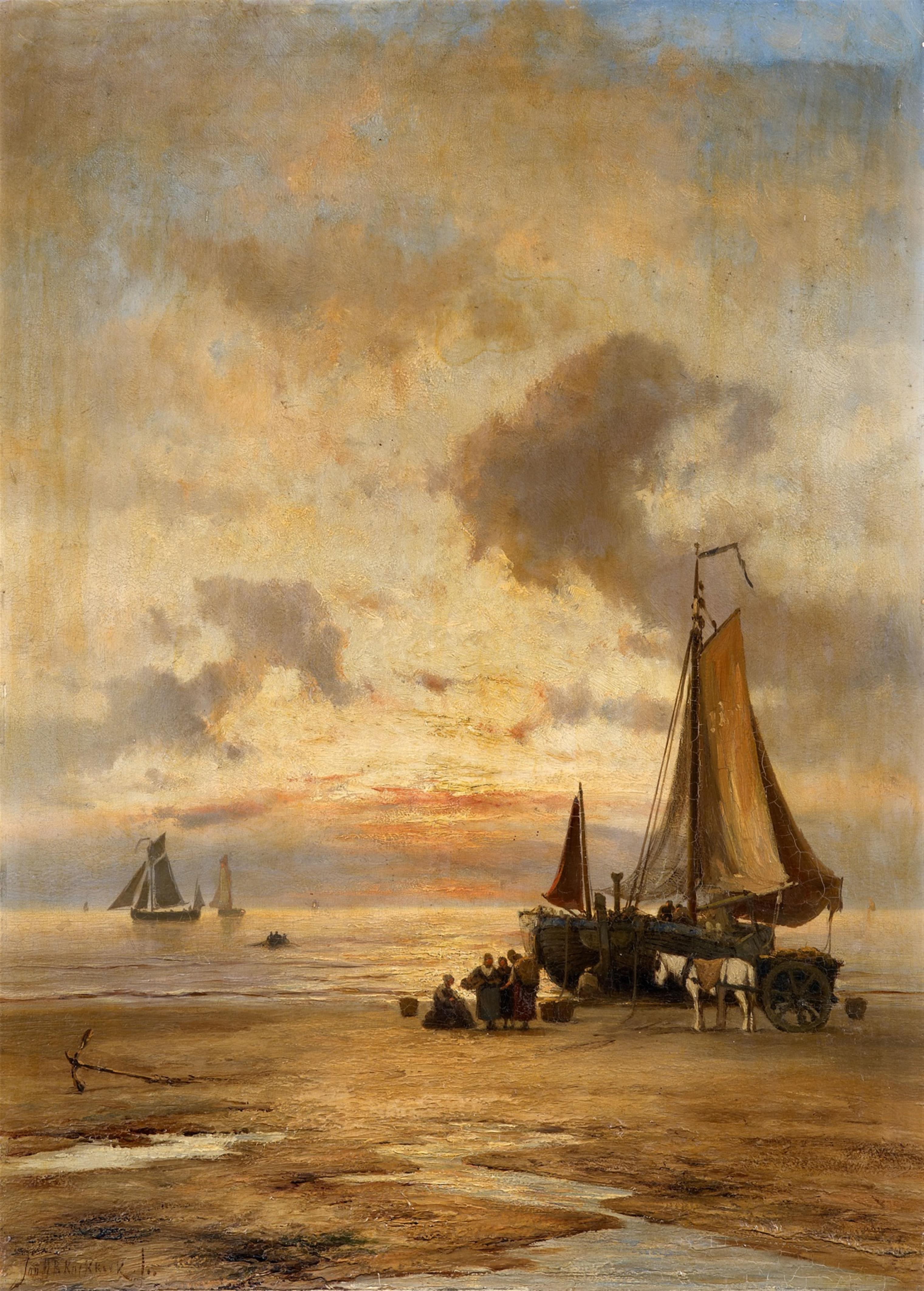 Johannes Herman Barend Koekkoek - Coastal Landscape at Evening with Fisherwomen and a Cart - image-1