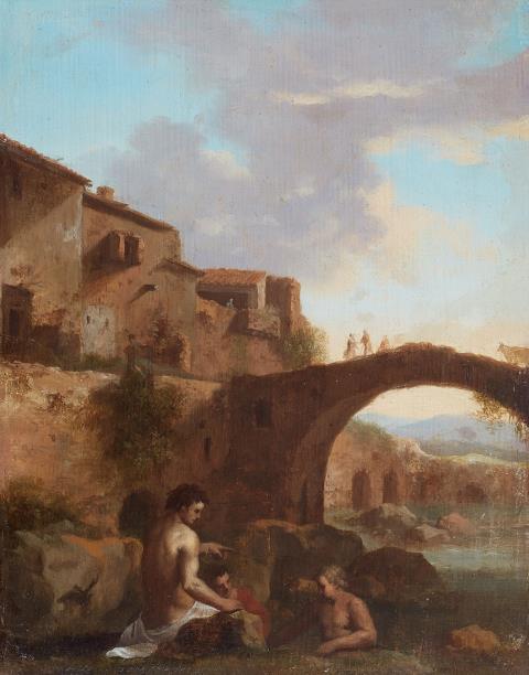 Cornelis van Poelenburgh, in der Art - Badende an einem Fluss vor dörflicher Kulisse
