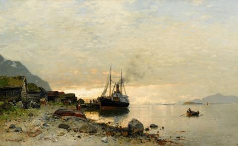Georg Anton Rasmussen - Norwegian Fjord Landscape with a Ship
