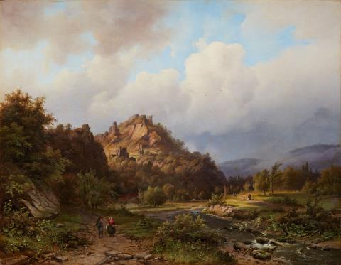 Alexander Joseph Daiwaille - Mountainous Landscape with a River and Figures