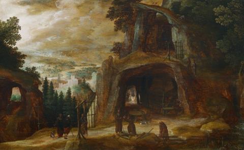 Joos de Momper - Landscape with Monks by a Grotto