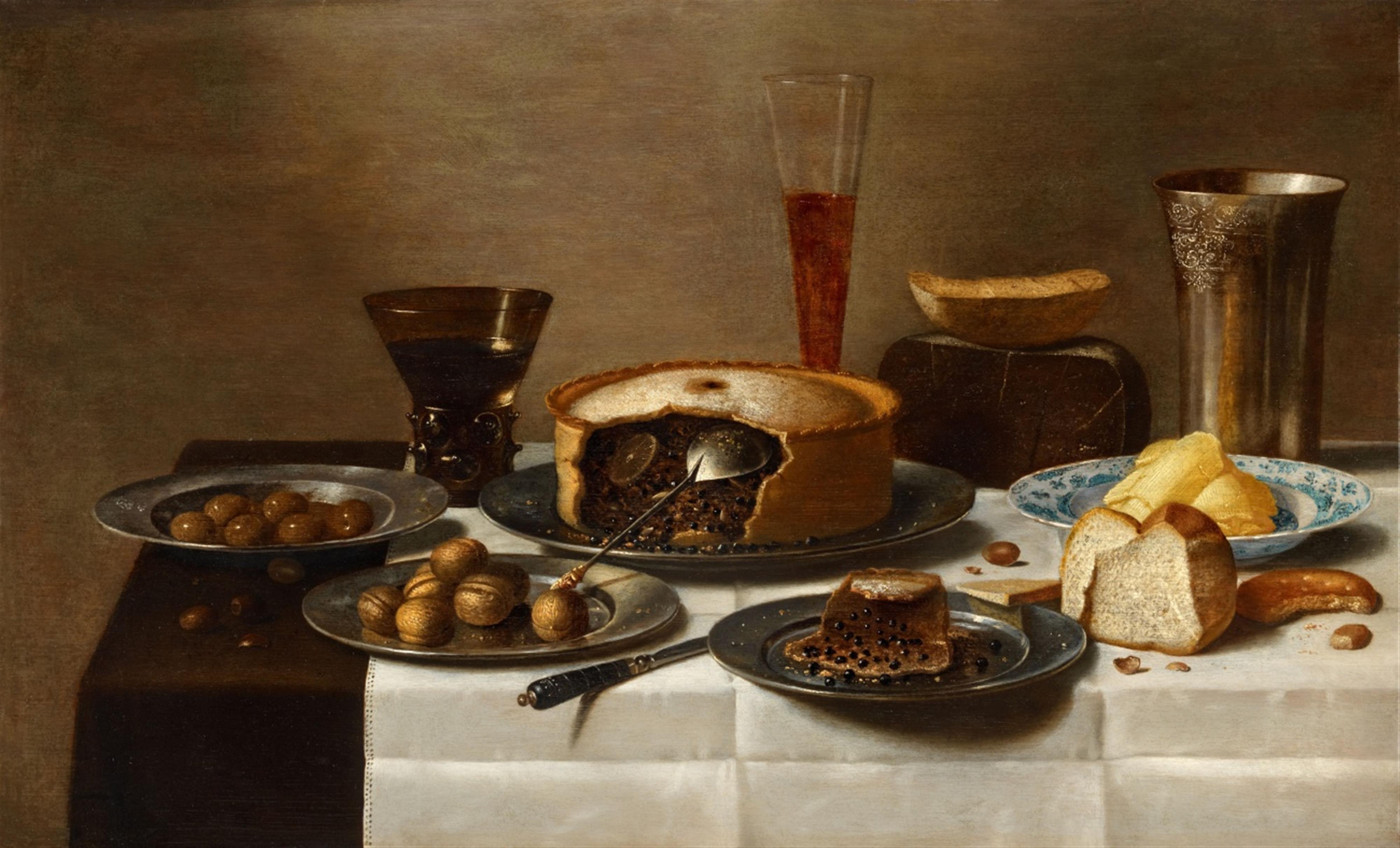 Floris van Schooten - Stillleben mit Pastete, Brot, Nüssen und Gefäßen