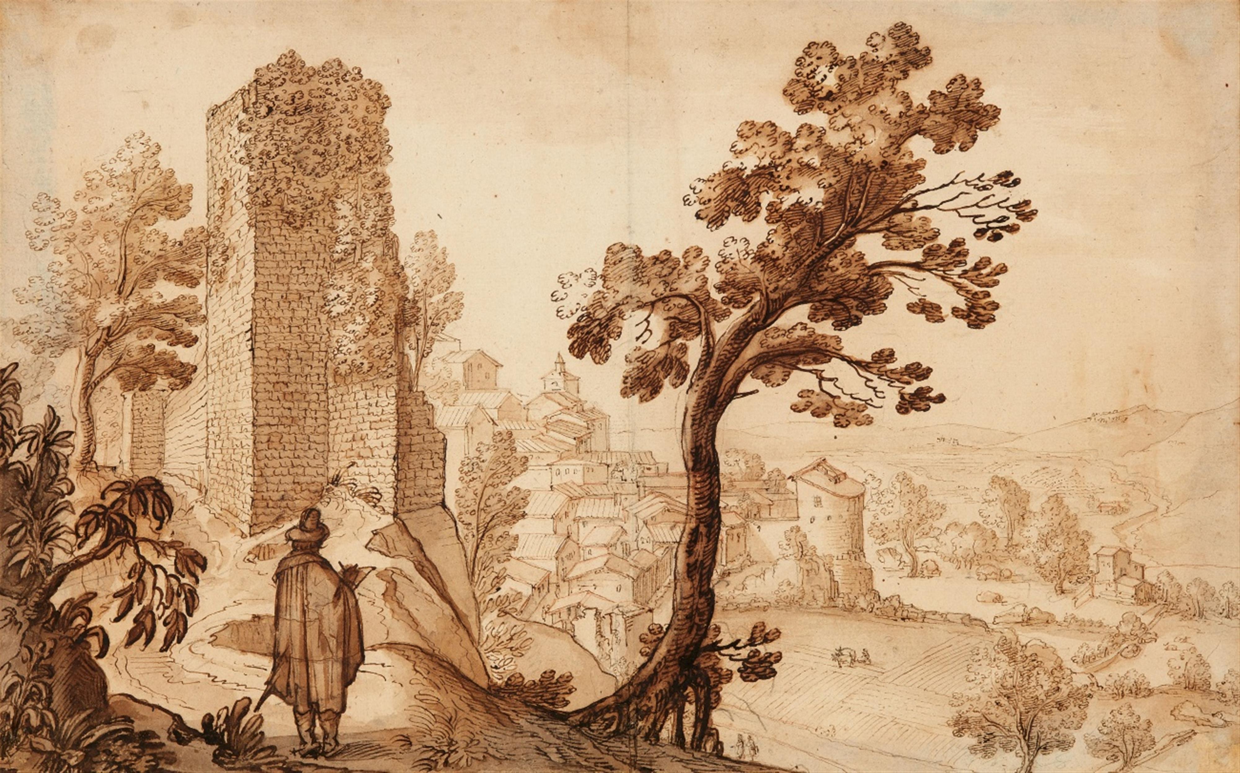Remigio Cantagallina - A Southern Landscape with Ruins and a Man Sketching