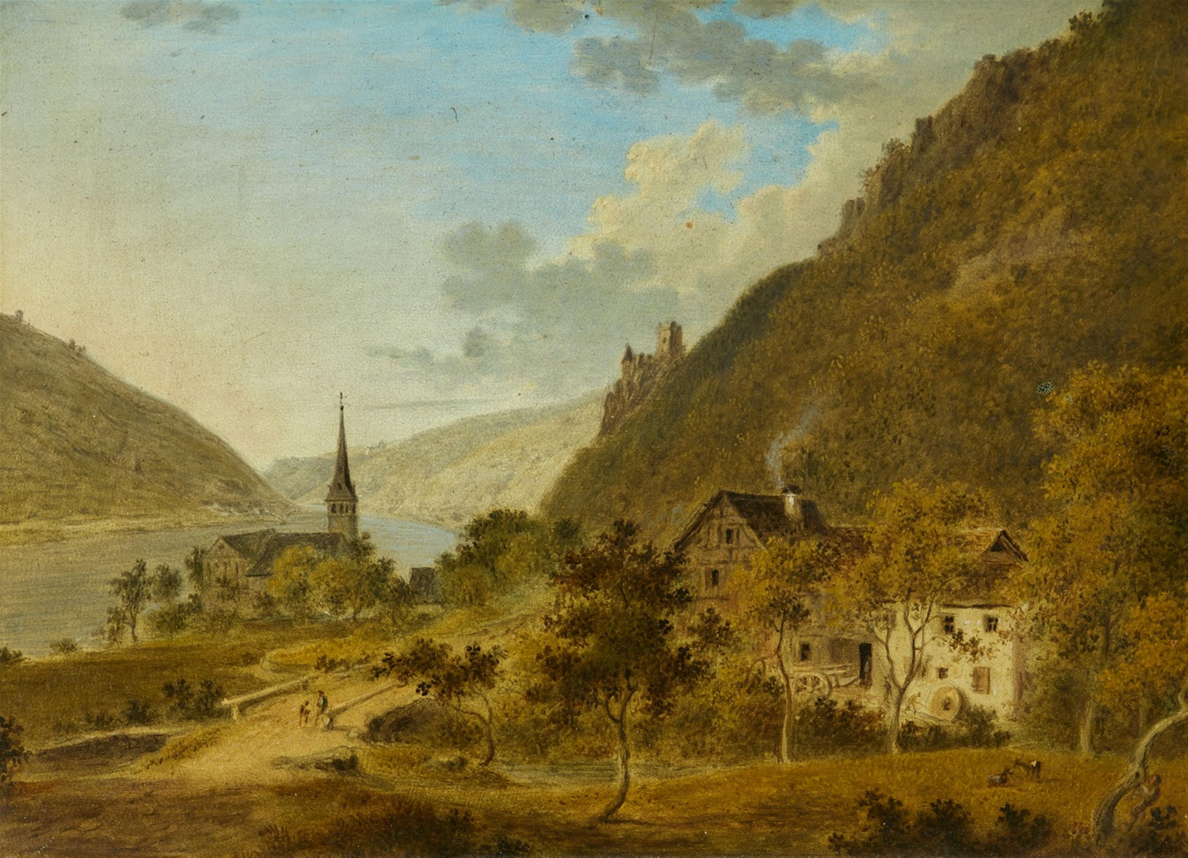 Friedrich Christian Reinermann, attributed to - River Landscape with a Church and Castle Ruins