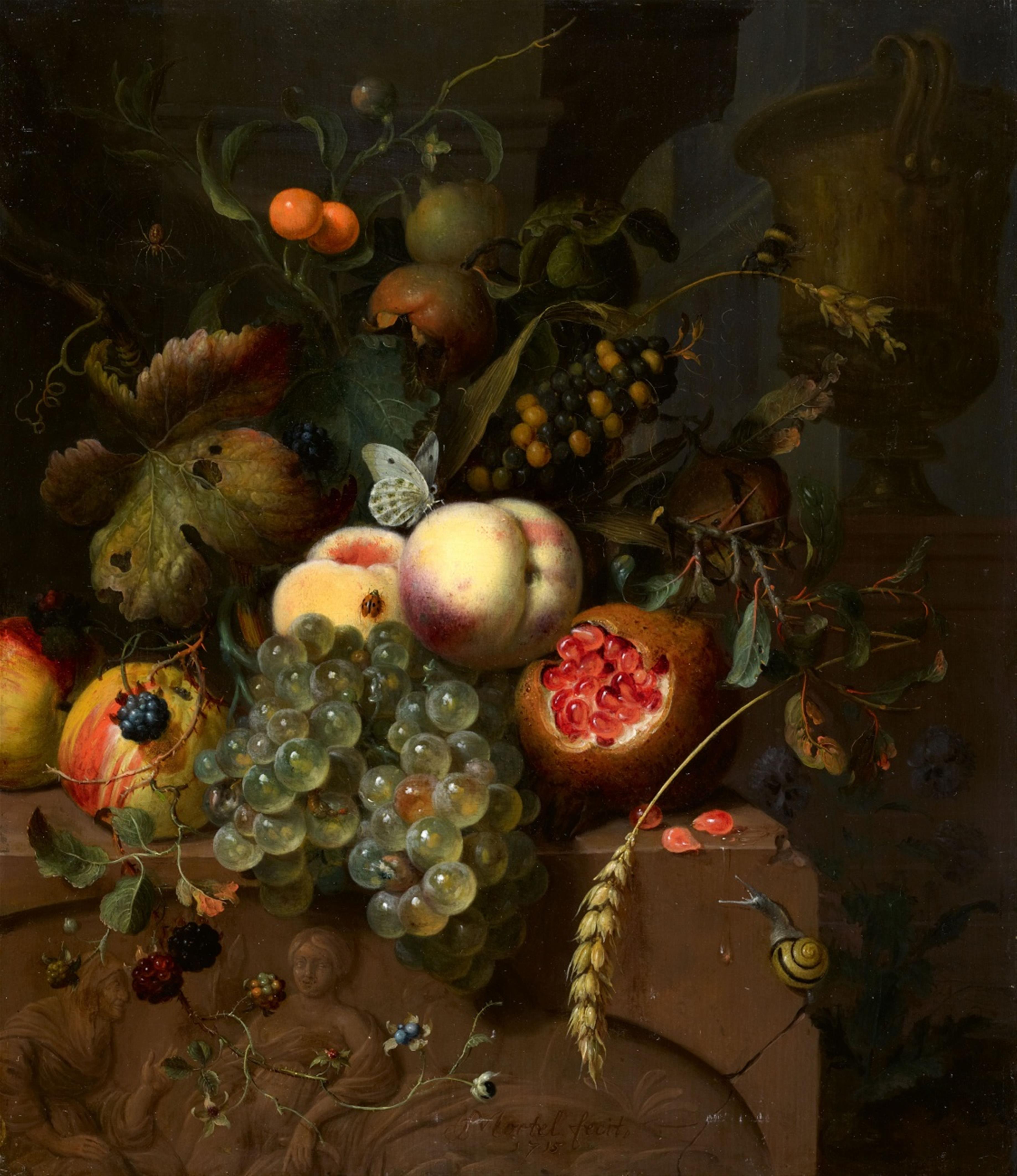 Jan Mortel - Stillleben mit Pfirsichen, Trauben, Äpfeln und einem Granatapfel auf einem Steinrelief