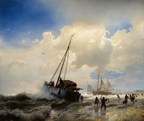 Andreas Achenbach - Segelschiffe am Strand
