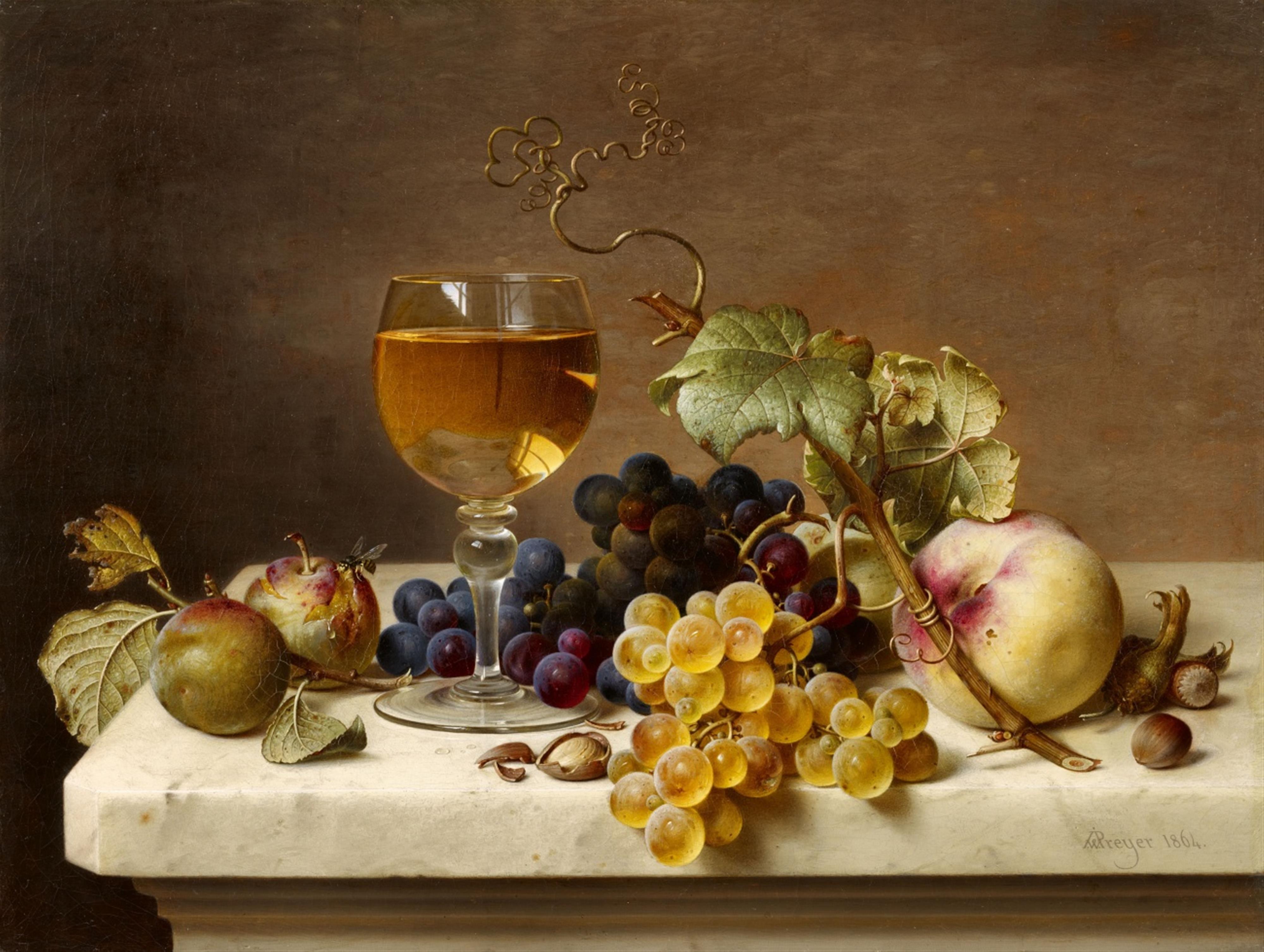 Johann Wilhelm Preyer - Früchtestillleben mit Reineclauden am Zweig, gefülltem Weinglas, blauen und weißen Trauben am Zweig, Pfirsich und Haselnüssen auf weißer Marmorplatte