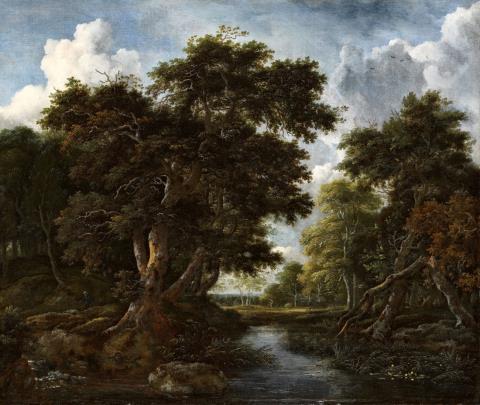 Jacob van Ruisdael - Waldlandschaft mit Fluss und Jägern