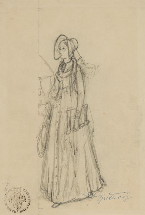 Carl Spitzweg - Skizze einer jungen Frau mit Hut und Brille