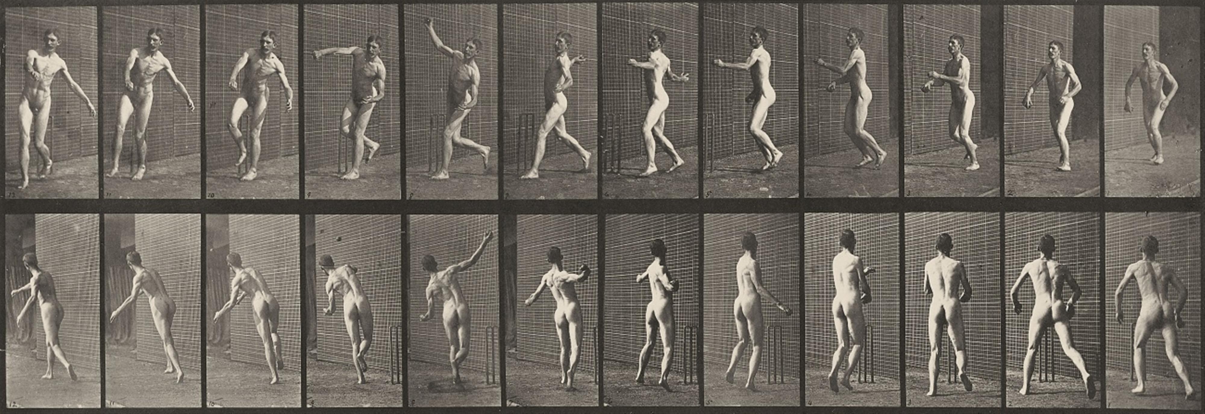Eadweard Muybridge - Cricket, Overarm Bowling. Man in pelvis cloth throwing rock (Tafeln 290 und 319, aus: Animal Locomotion) - image-1