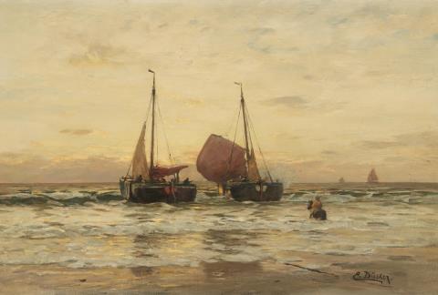 Eugène Gustav Dücker - Strandansicht mit anlandenden Segelschiffen