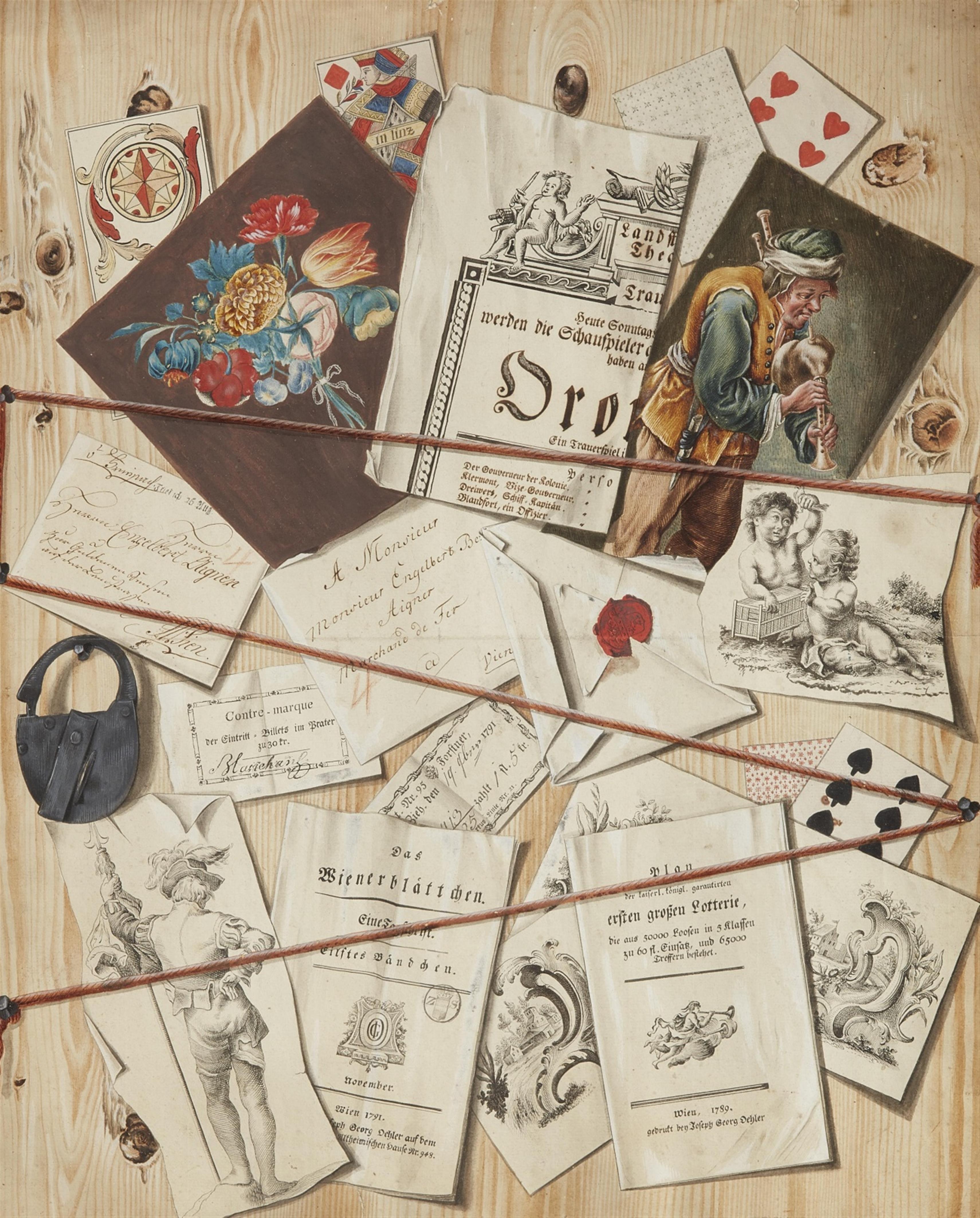 Österreichischer Meister des späten 18. Jahrhunderts - Trompe l'oeil mit Schriftstücken an einem Holzbrett (Quodlibet) - image-1
