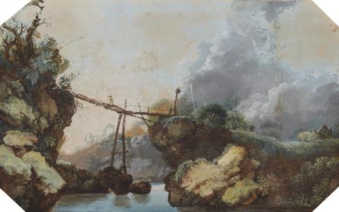 Jean-Baptiste Pillement, in der Art - Felsige Landschaft mit Holzbrücke