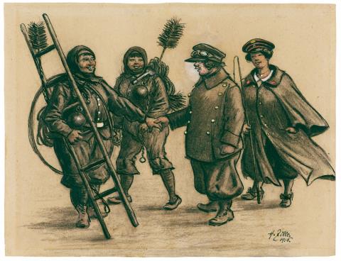 Heinrich Zille - Gruppe mit weiblichen Schornsteinfegern und Uniformierten
