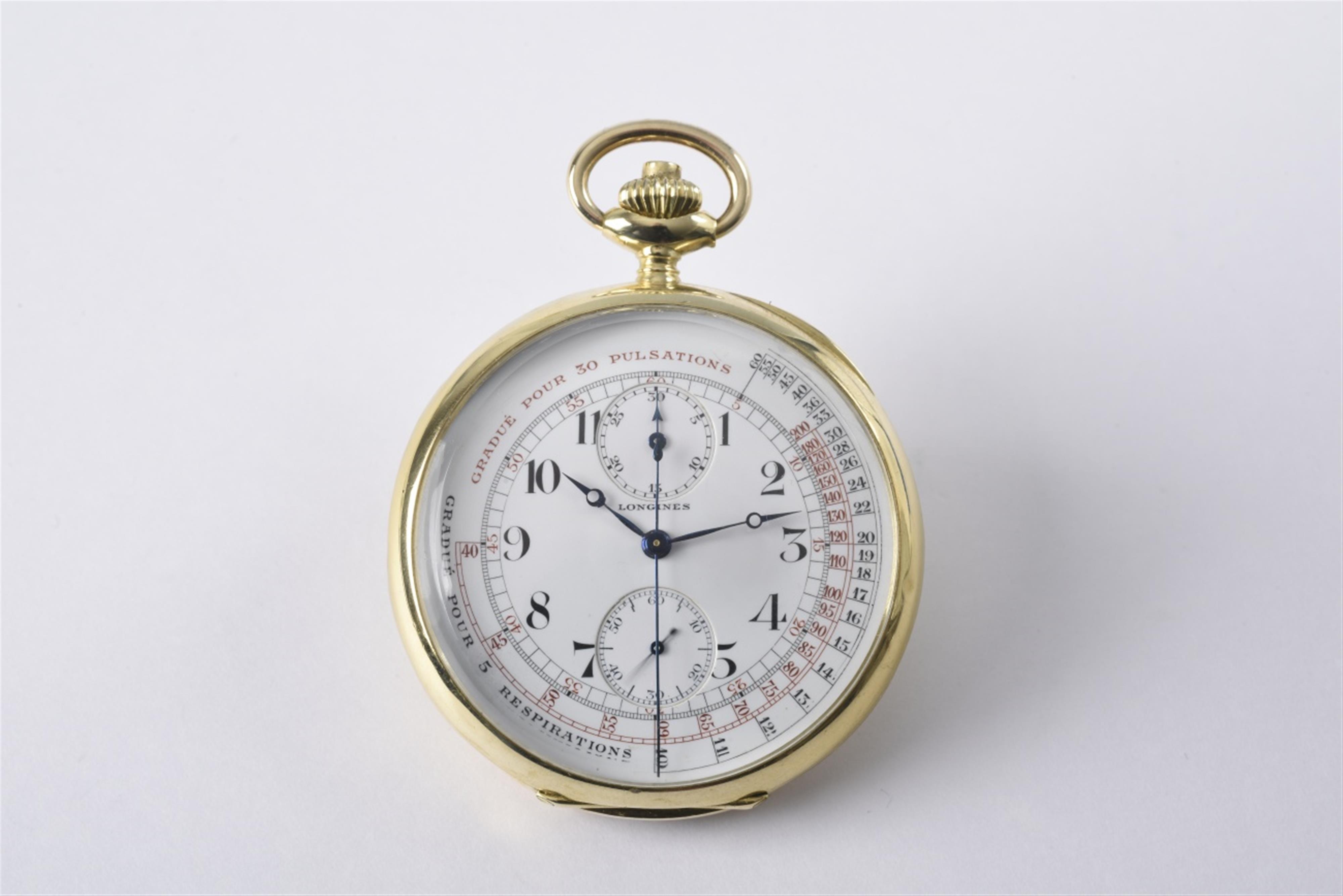 A Longines 18k yellow gold open face doctor's chronograph pocket watch with pulsations - image-1