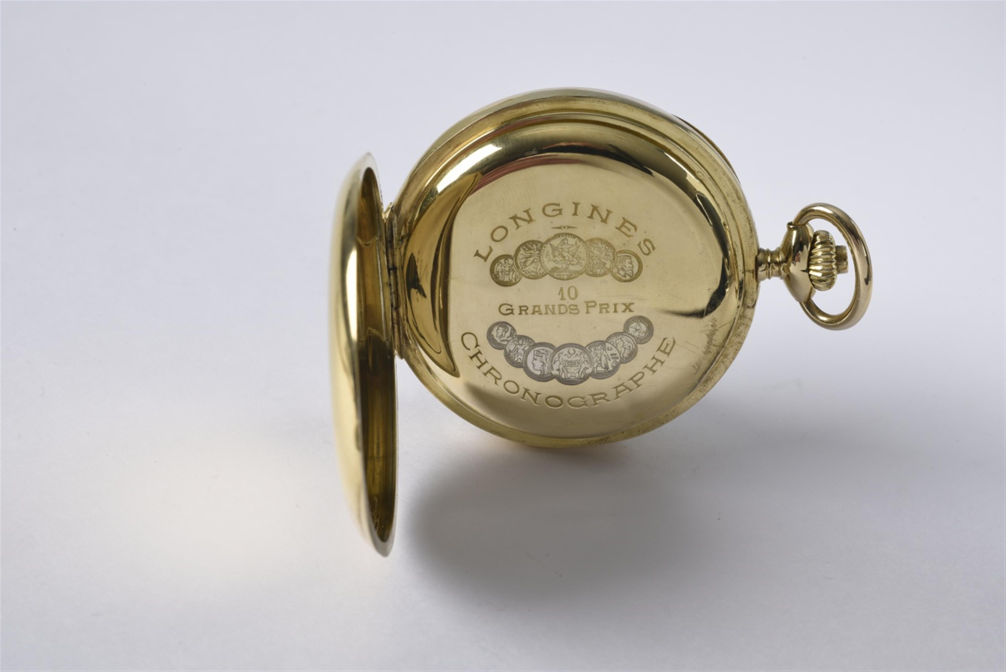 A Longines 18k yellow gold open face doctor's chronograph pocket watch with pulsations - image-2